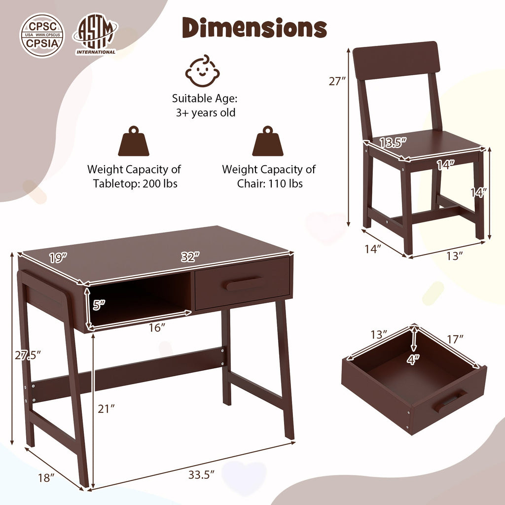Kids Desk and Chair Set with Storage Drawer and Hutch