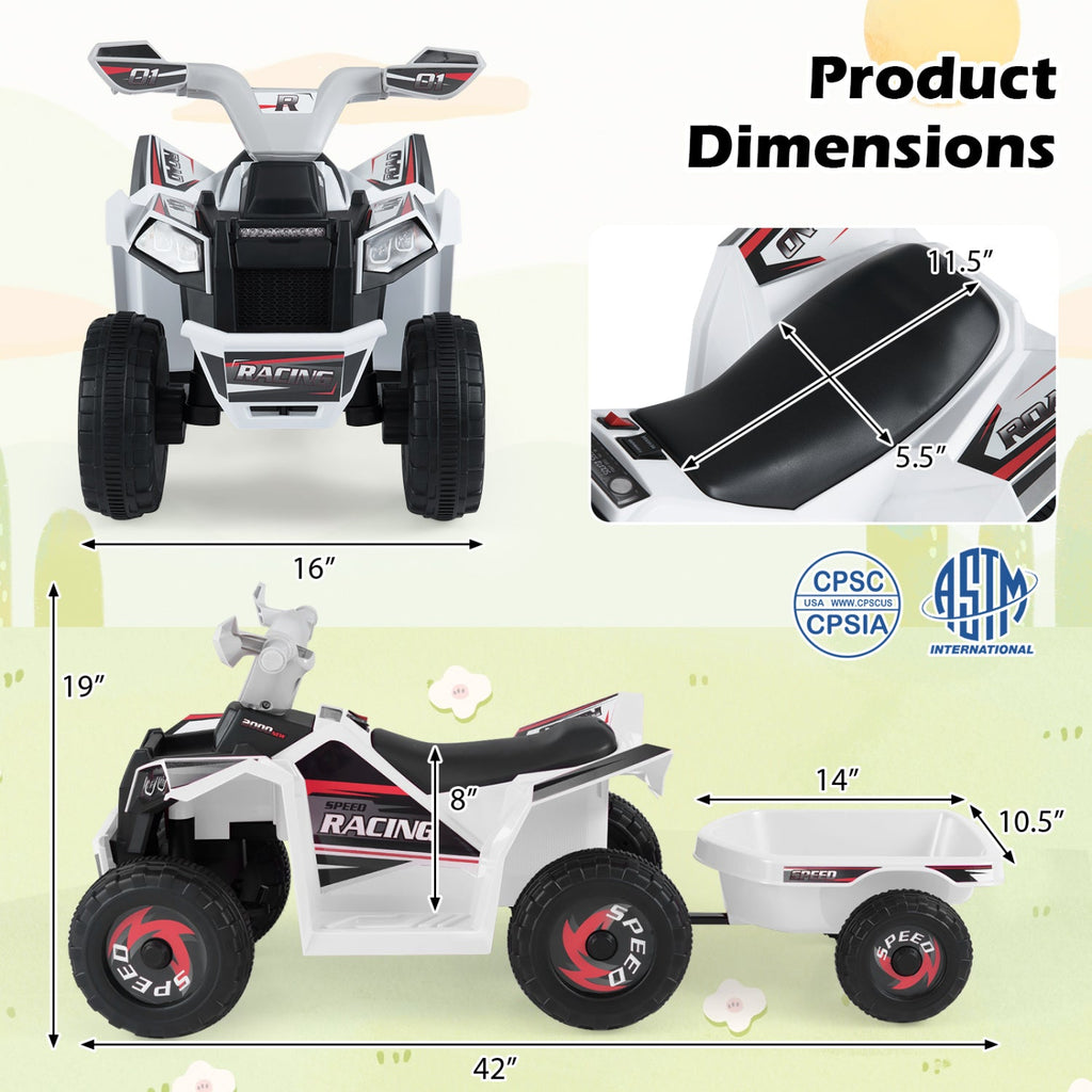 6V Kids Electric ATV Quad Car with Detachable Trailer