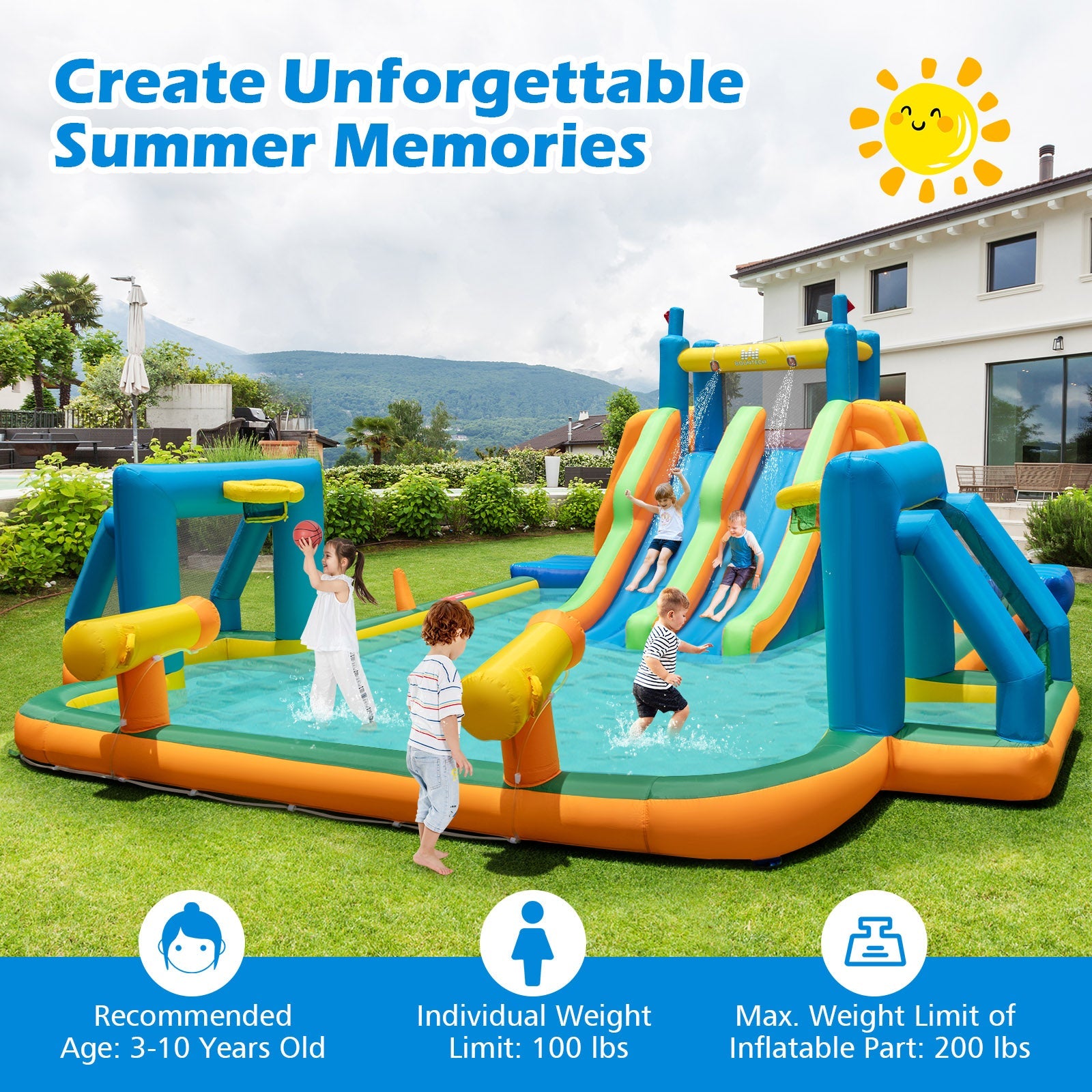 Kids Inflatable Water Slide with 2 Long Slides and 2 Soccer Gates Without Blower