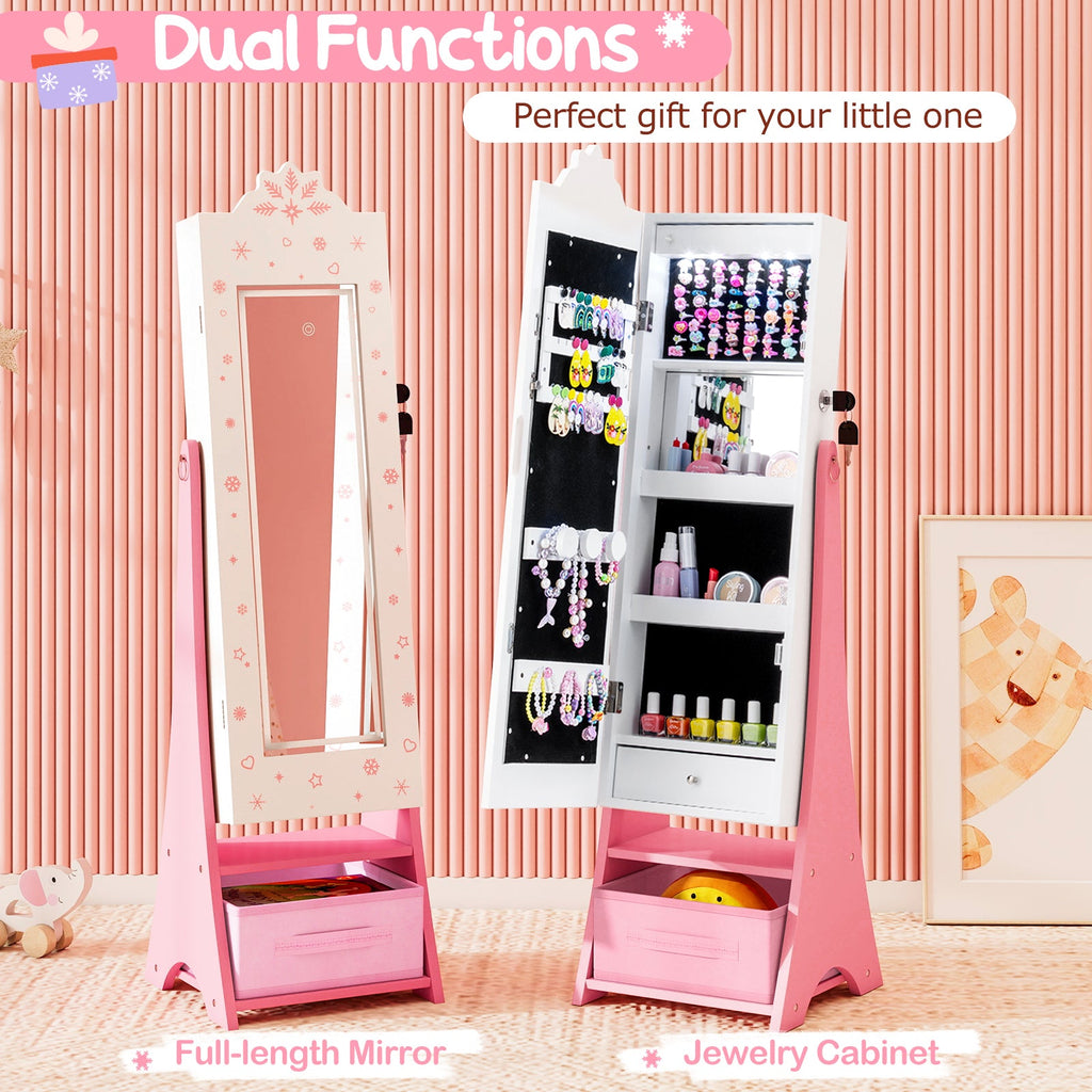 Kids Jewelry Armoire Freestanding Jewelry Cabinet with 3-Color Lighted Full Length Mirror