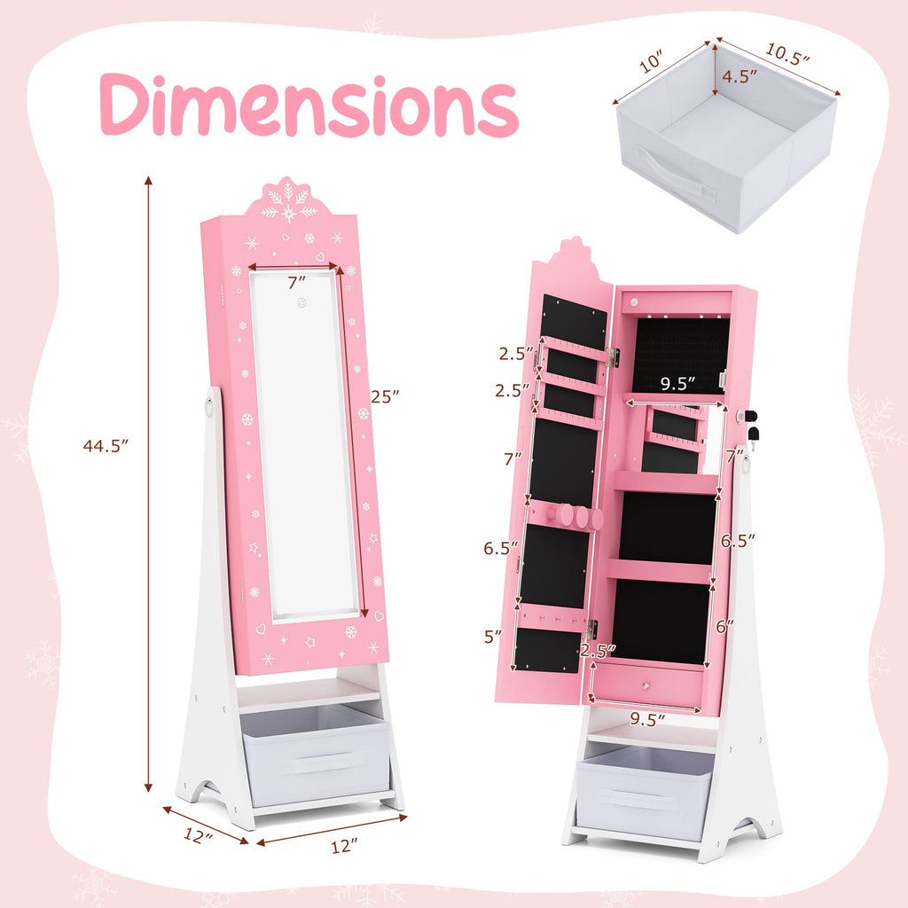 Kids Jewelry Armoire Freestanding Jewelry Cabinet with 3-Color Lighted Full Length Mirror