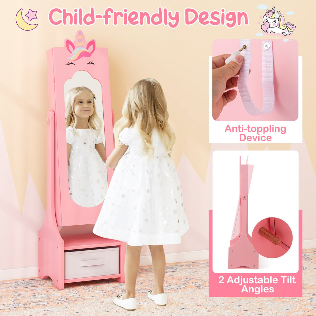Kids Jewelry Cabinet with Full-Length Mirror for Kids Bedroom and Playroom