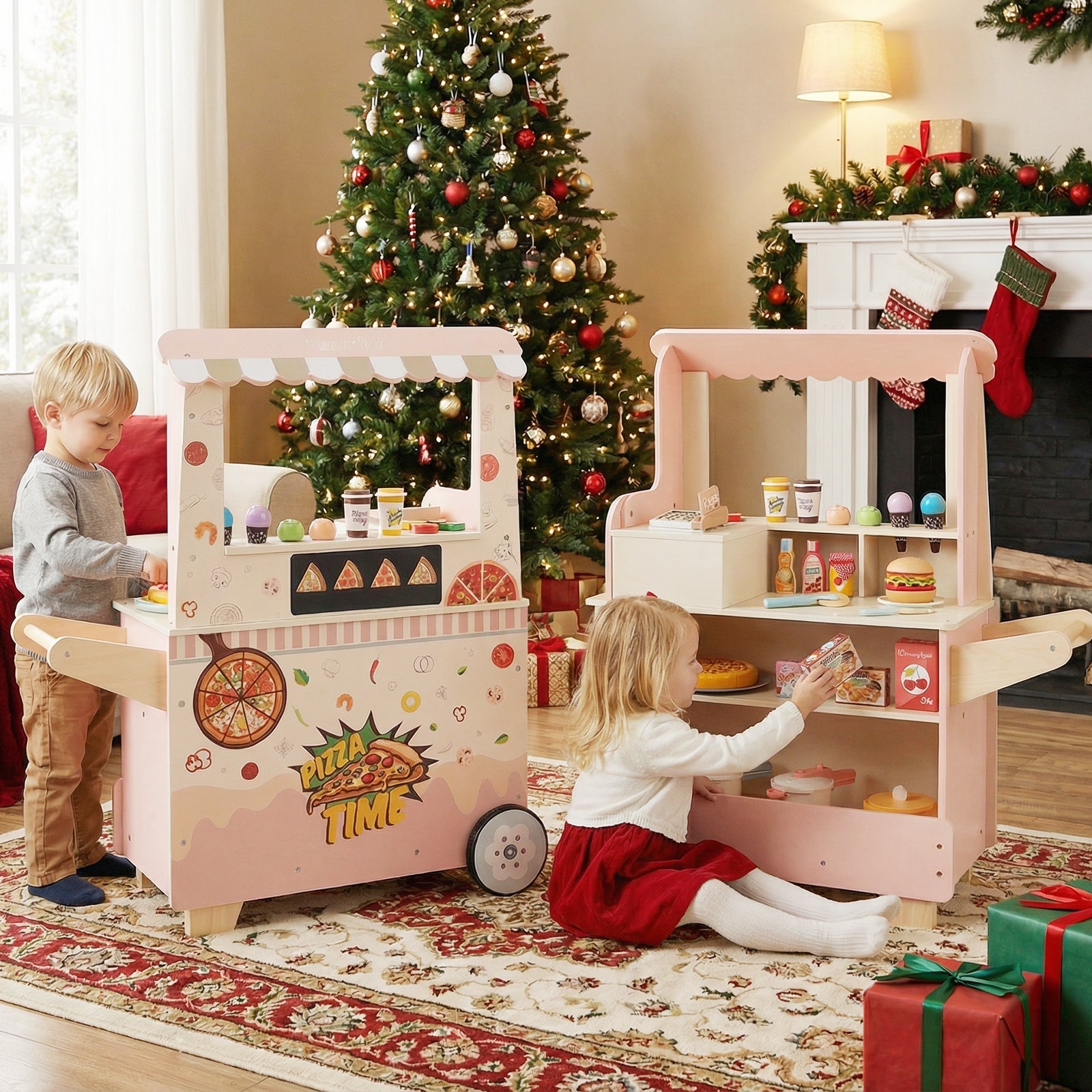 Kids Pizza Food Truck Wooden Pretend Play Snack Cart with Oven-Pink