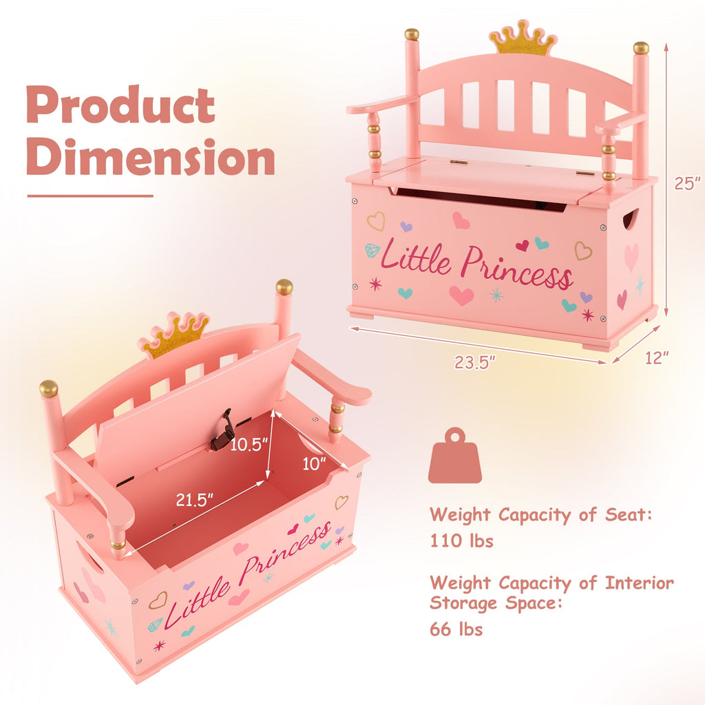 2-In-1 Kids Princess Wooden Toy Box with Safe Hinged Lid-Pink