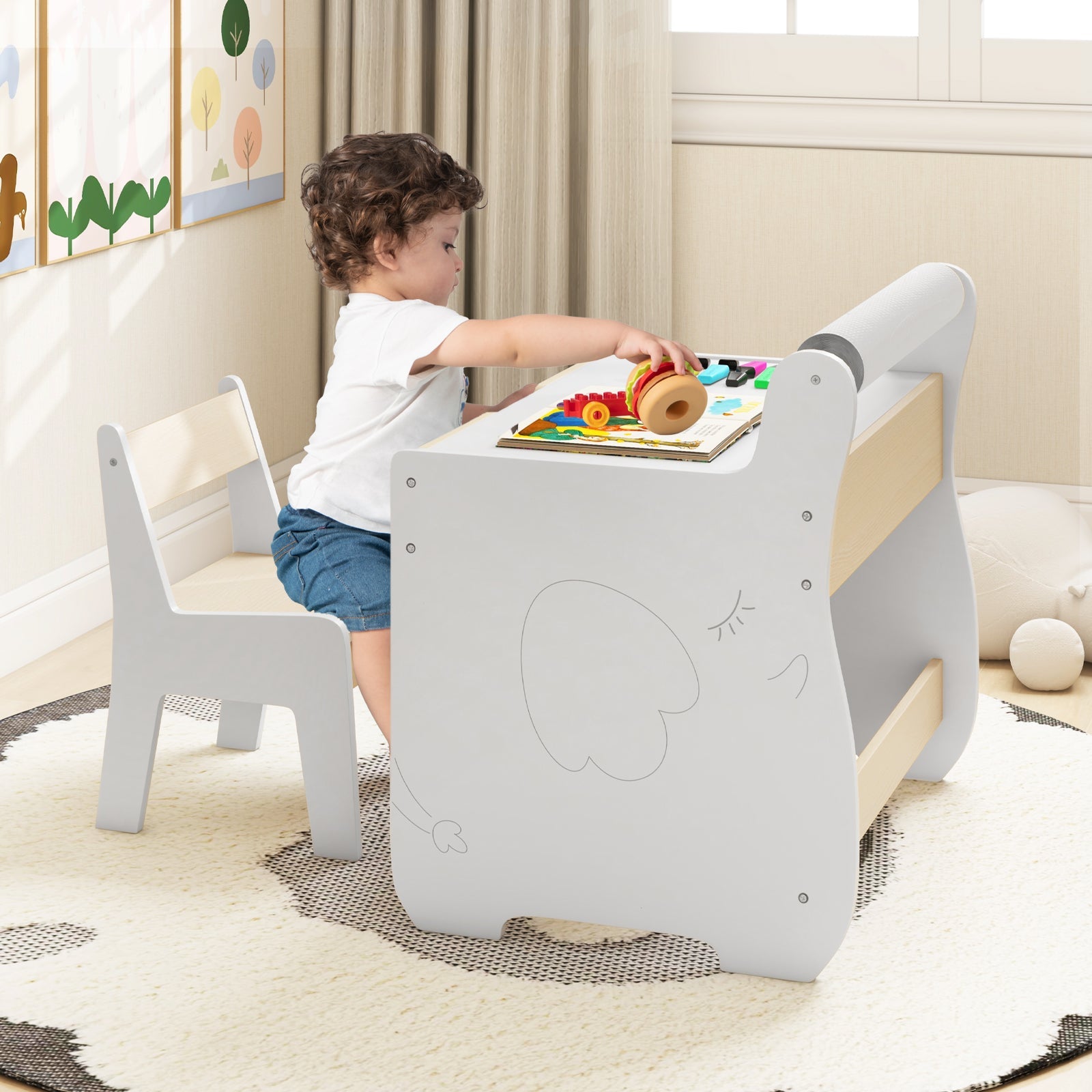 Kids Table and Chair Set with 2 in 1 Detachable Tabletop and Storage-White