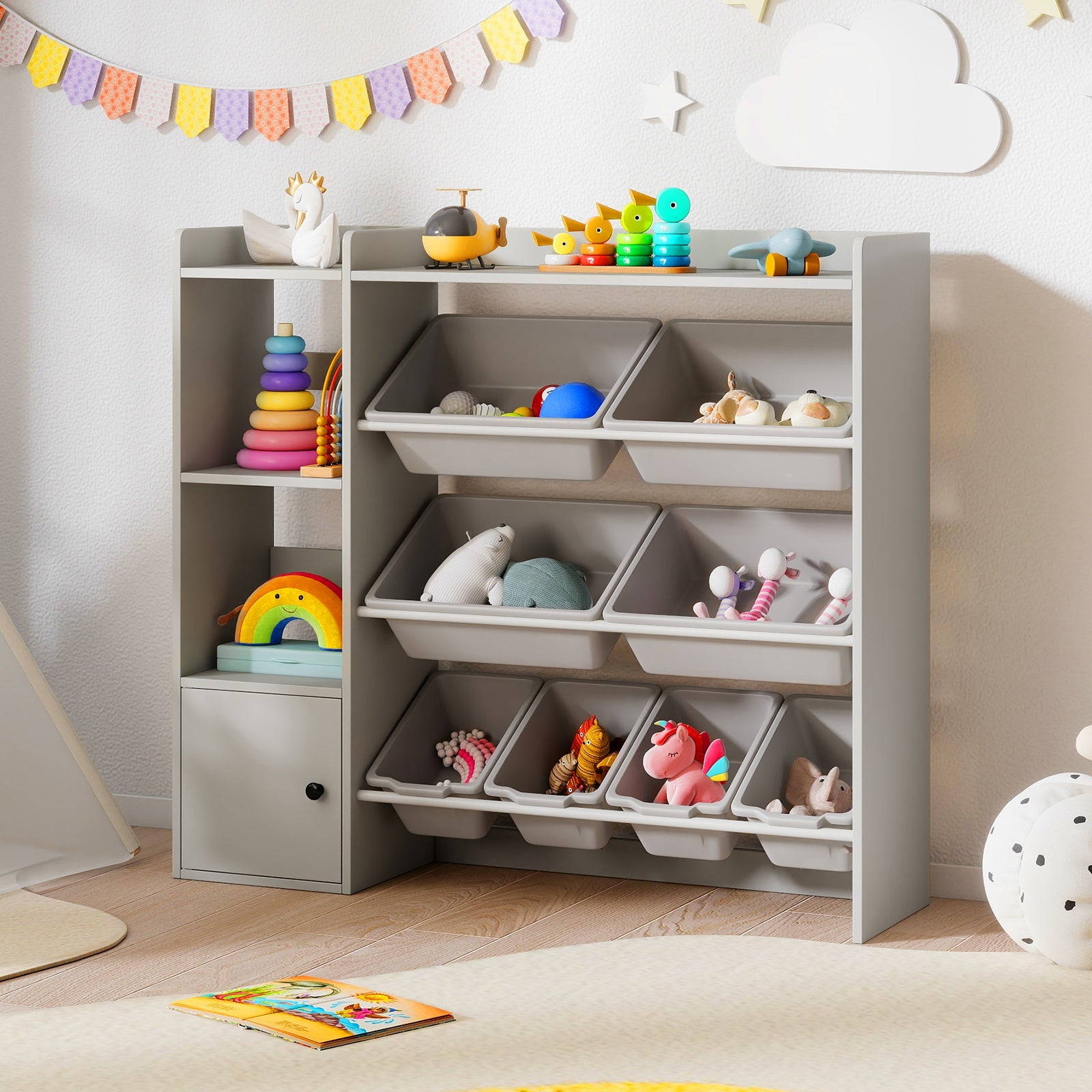 Kids Toy Storage and Bookshelf with Open Shelves and Single-door Cabinet