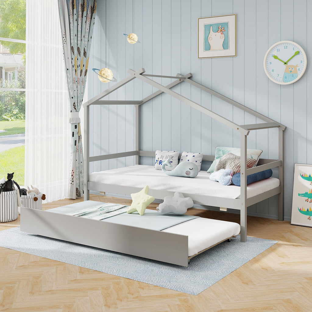 Kids Twin Size House Bed with Trundle and Roof