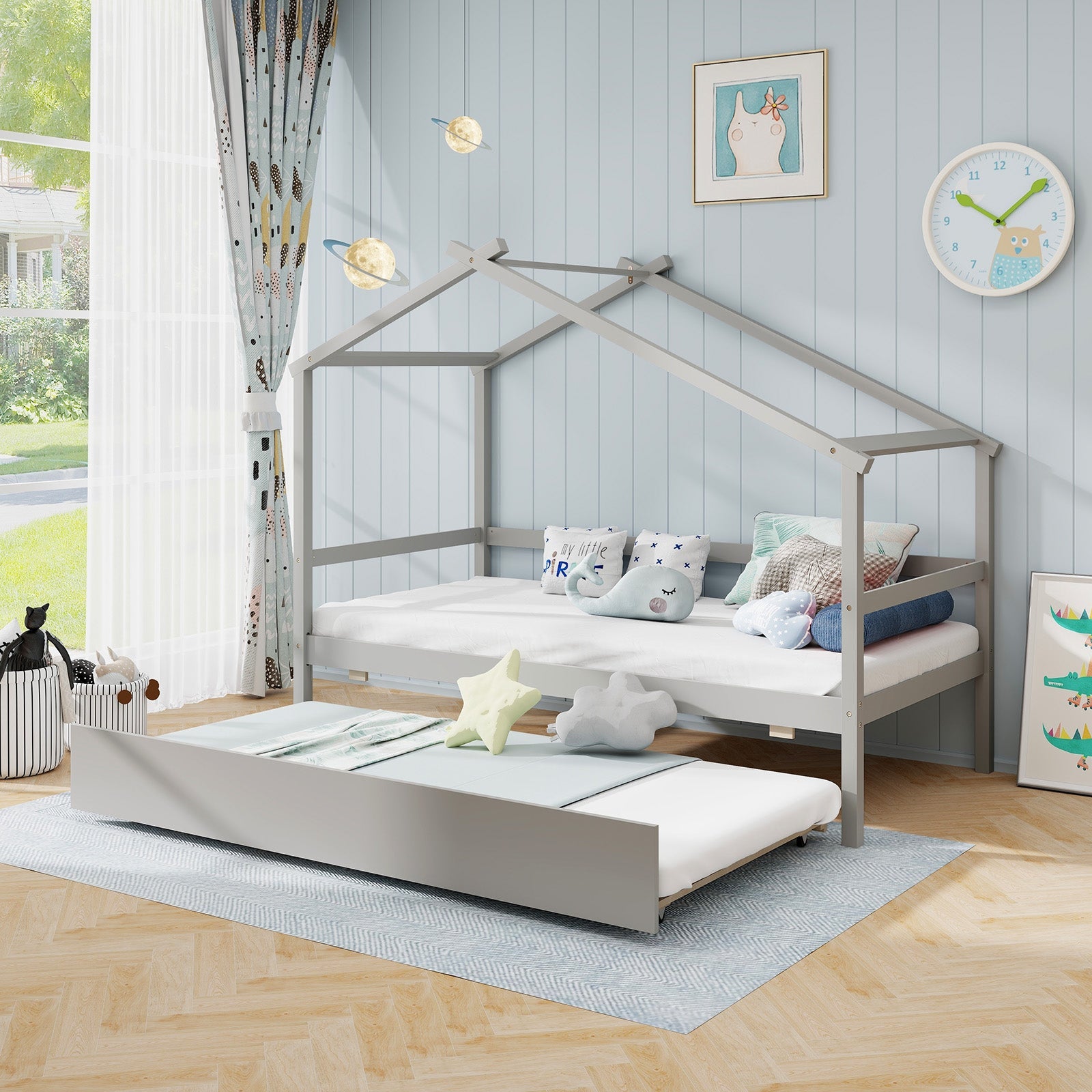 Kids Twin Size House Bed with Trundle and Roof