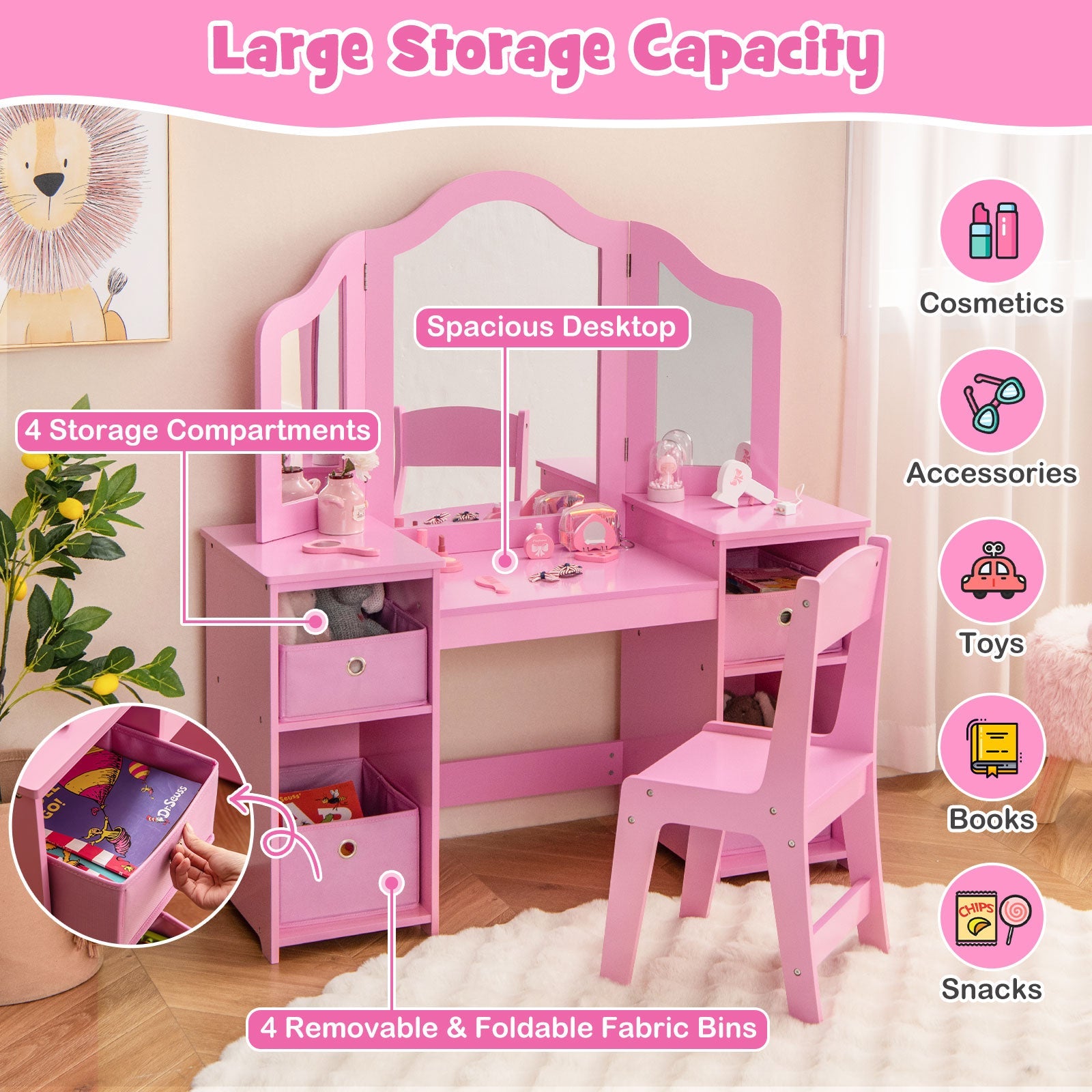 Kids Vanity Table and Chair Set with Removable Mirrors and 4 Storage Bins