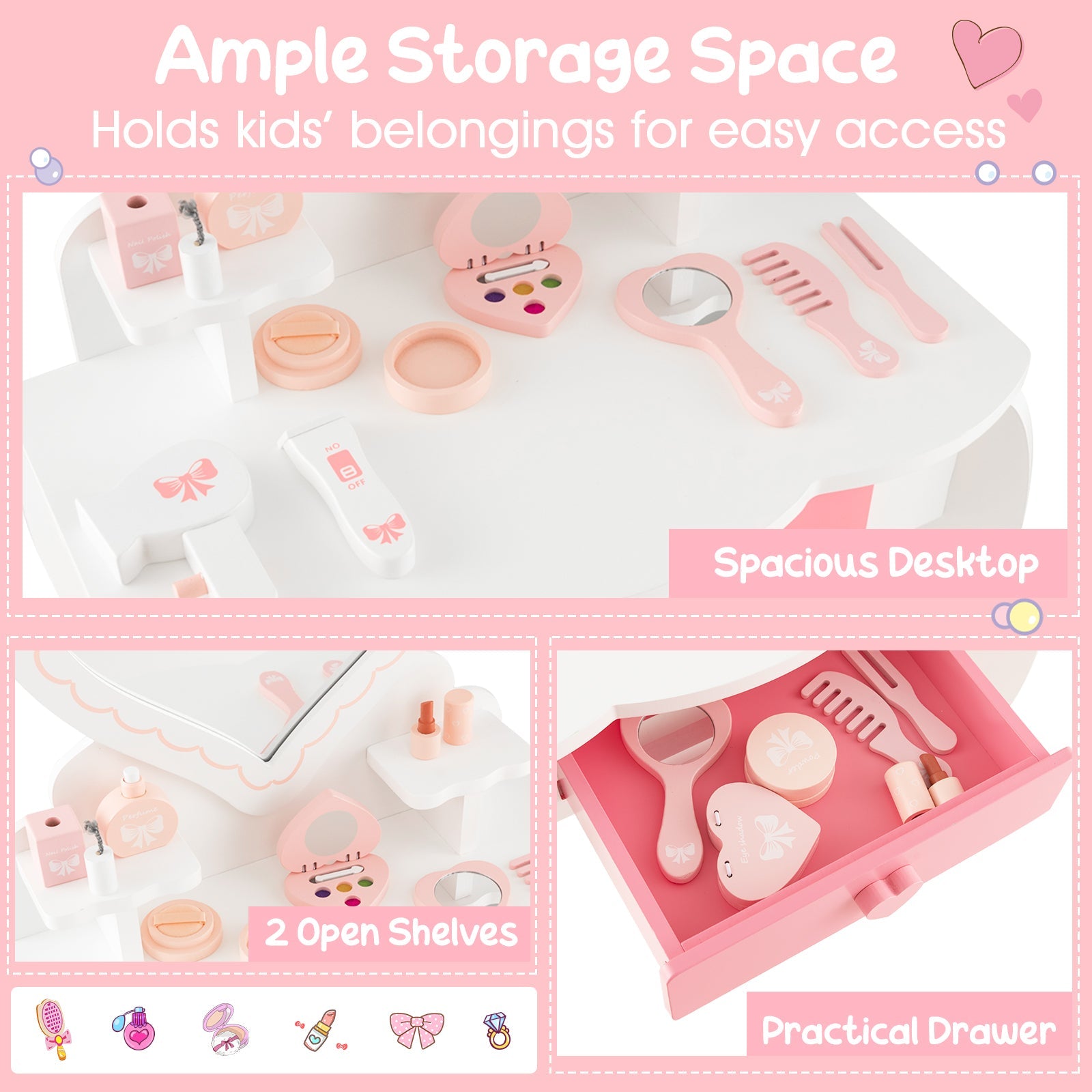 Kids Vanity Set with Heart-shaped Mirror-White