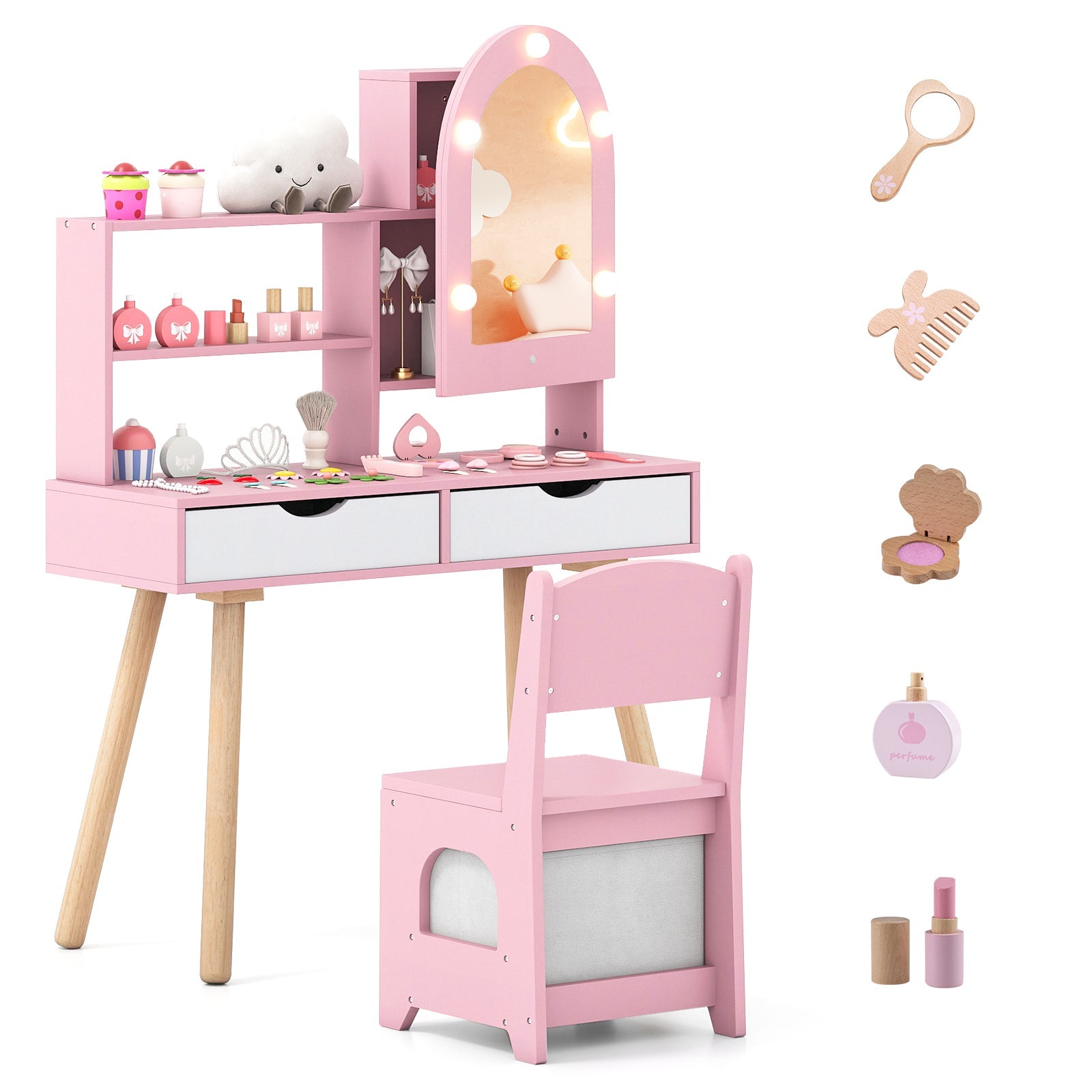 Kids Vanity Set Pretend Play Dressing Table Set with 3-Color Lighting Modes Adjustable Brightness and Mirror Cabinet