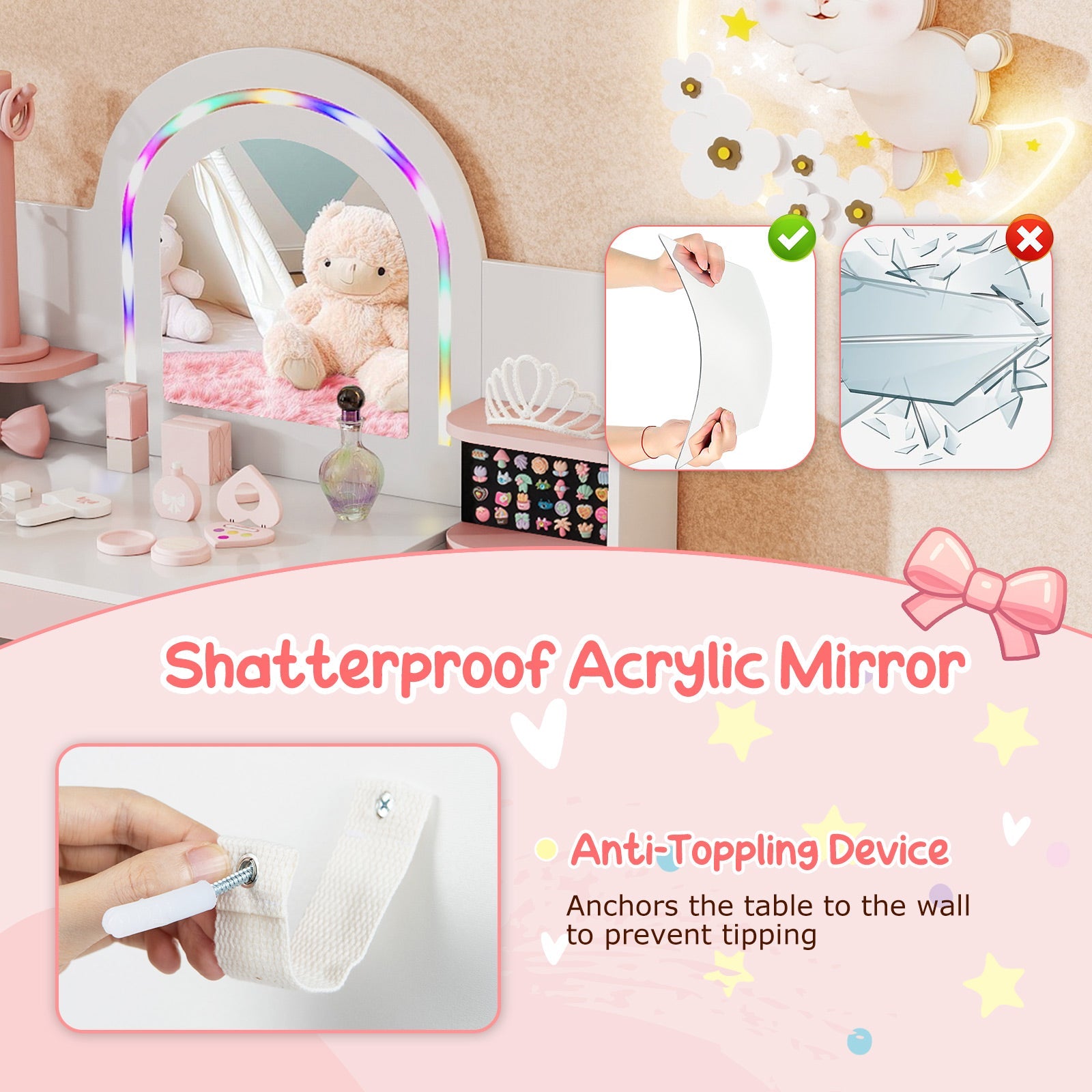 Kids Vanity Set with Colorful LED Lights Princess Makeup Dressing Table with Chair
