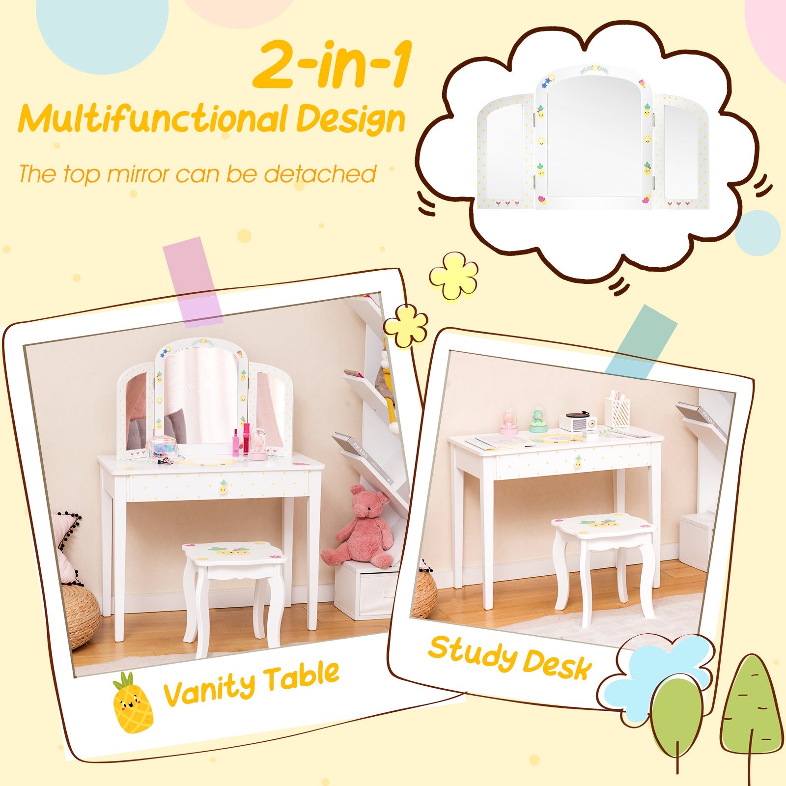 Kids Vanity Table Set with Tri-Folding Mirror and Large Drawer-White