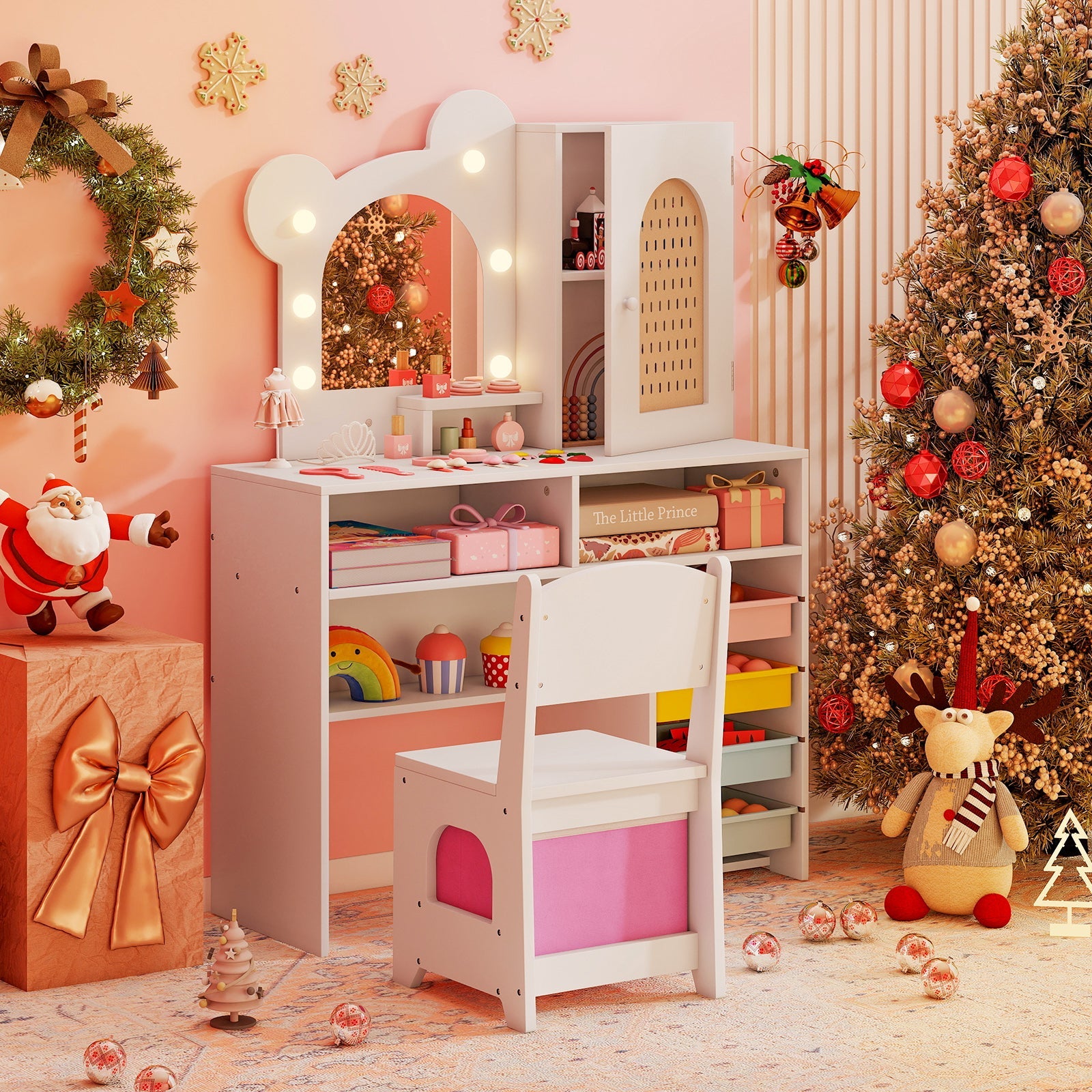 Kids Vanity with Lights and 5 Drawers for Kids Aged 3+ Years Old