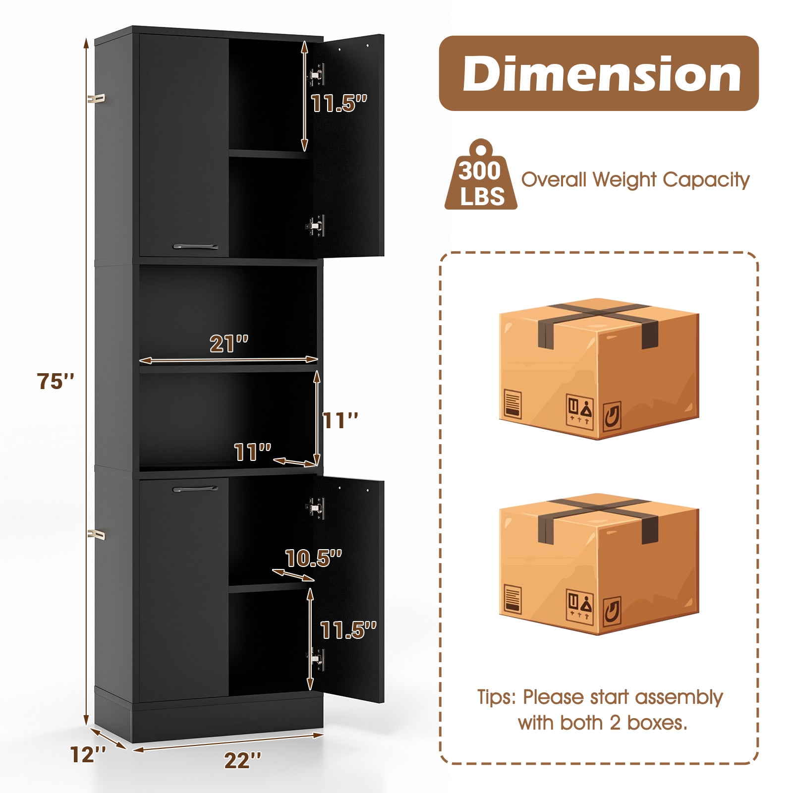 75 Inch Kitchen Pantry Cabinet Tall Cupboard with Doors and Shelves