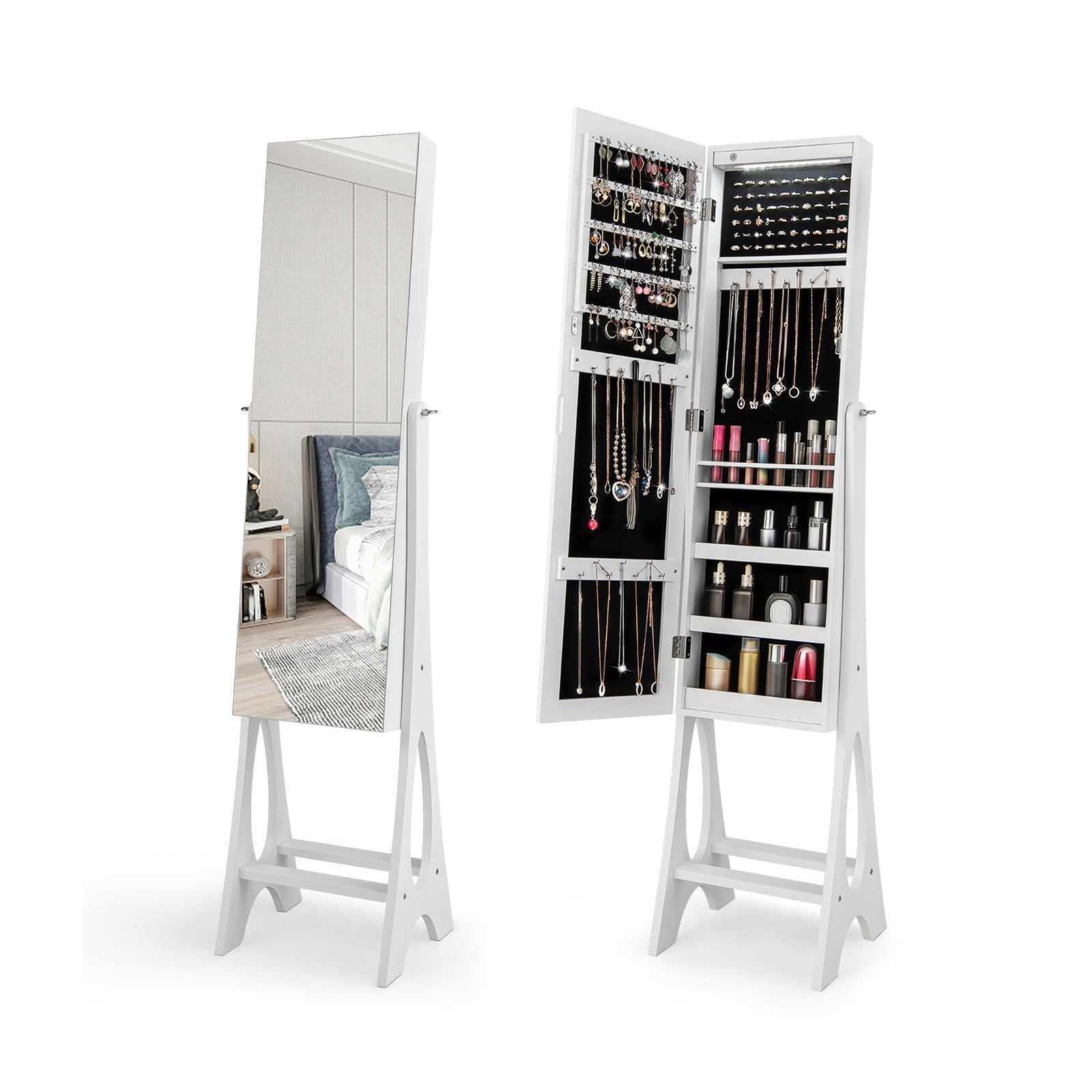 LED Jewelry Cabinet Armoire Organizer with Bevel Edge Mirror