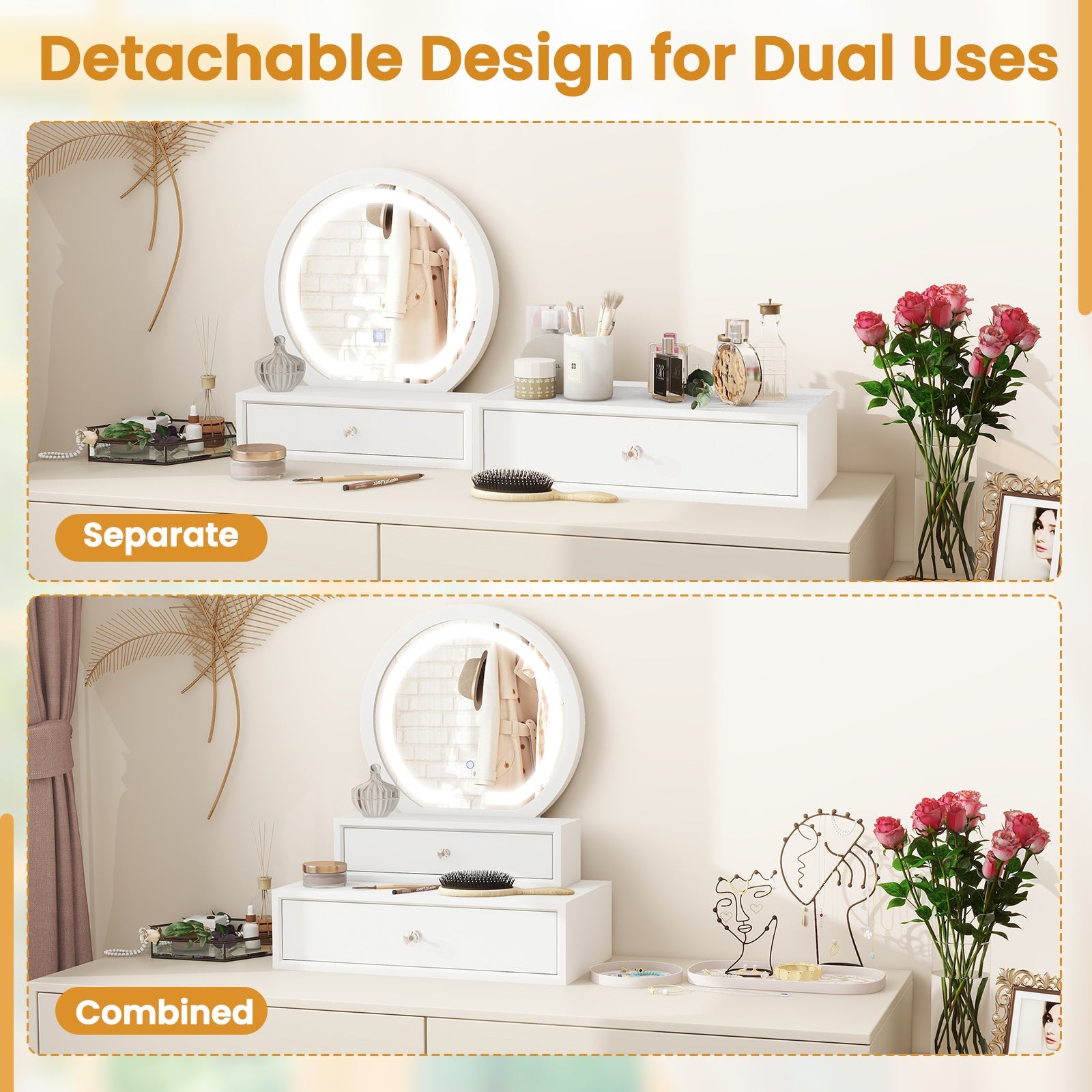 LED Lighted Vanity Mirror for Bedroom Tabletop-White