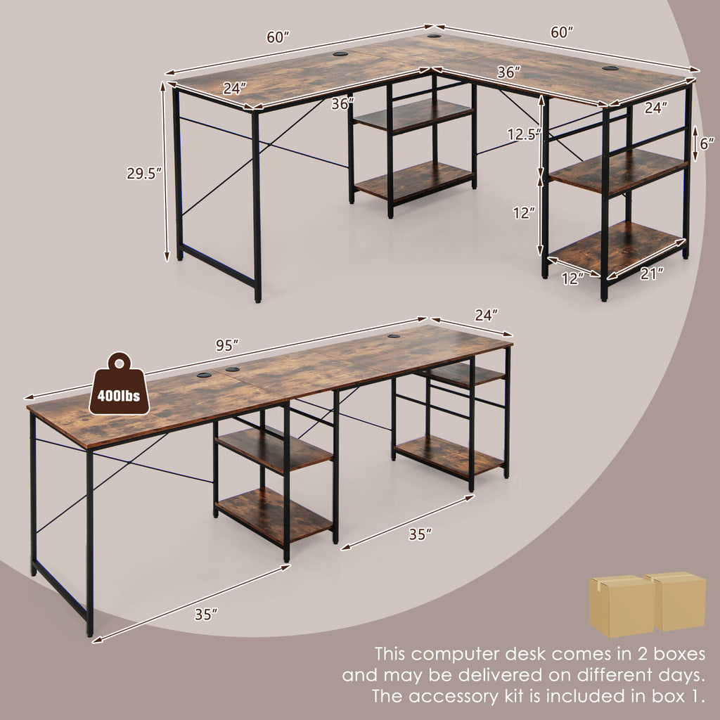 L Shaped Computer Desk with 4 Storage Shelves and Cable Holes