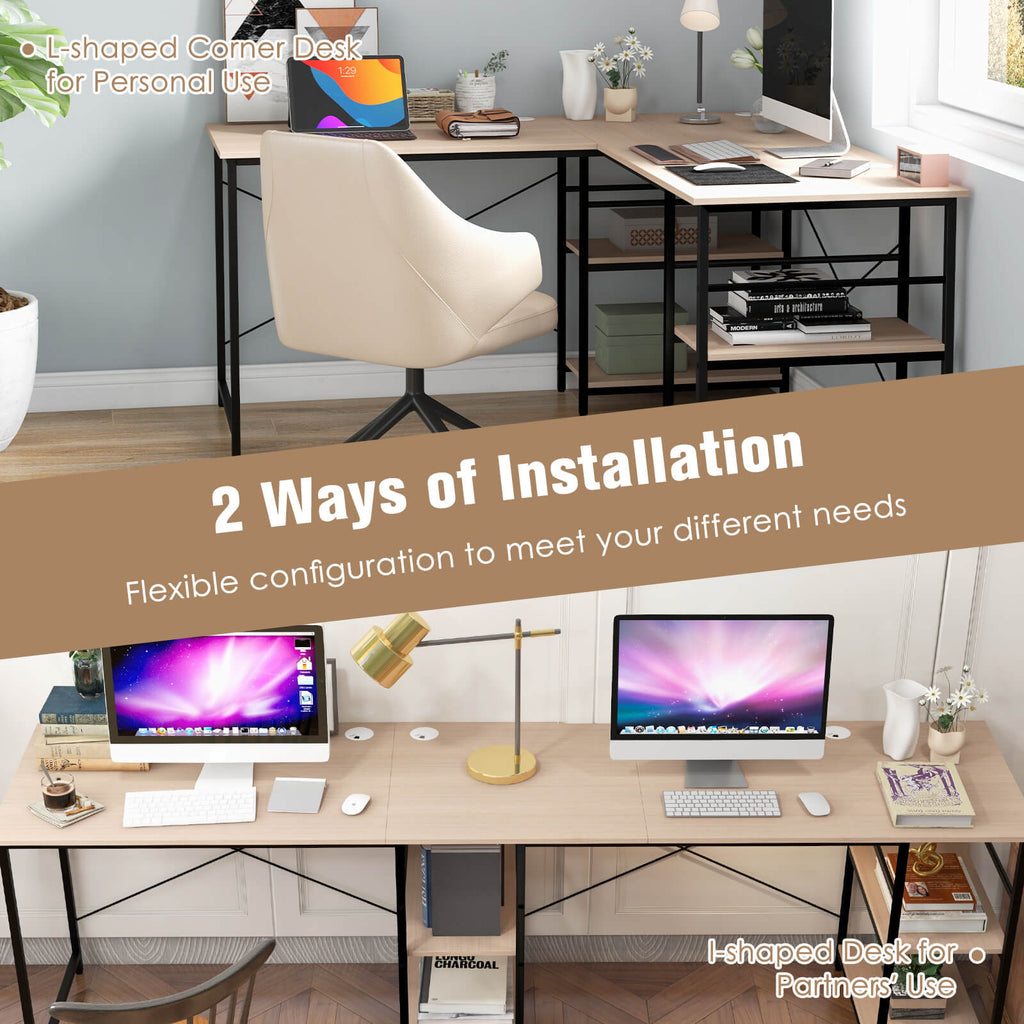 L Shaped Computer Desk with 4 Storage Shelves and Cable Holes