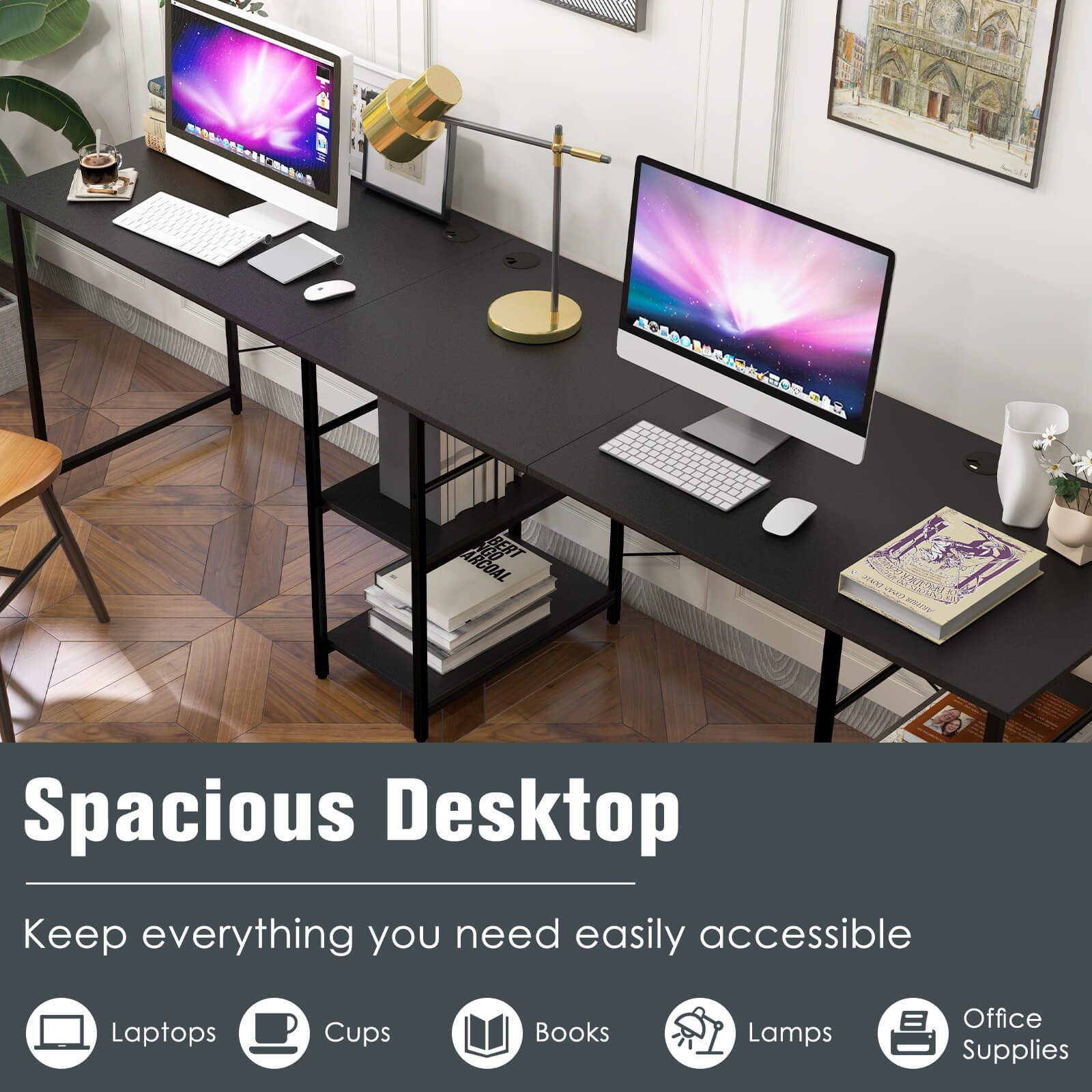 L Shaped Computer Desk with 4 Storage Shelves and Cable Holes