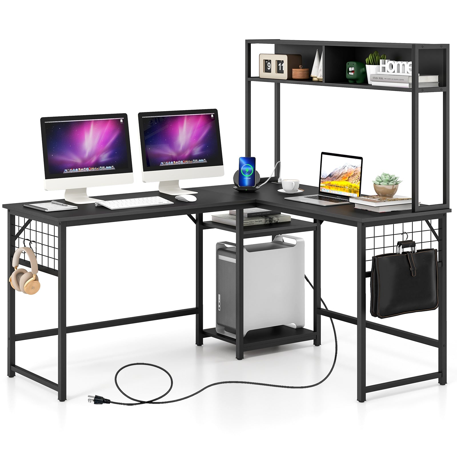 L-shaped Desk with Power Outlet Hutch