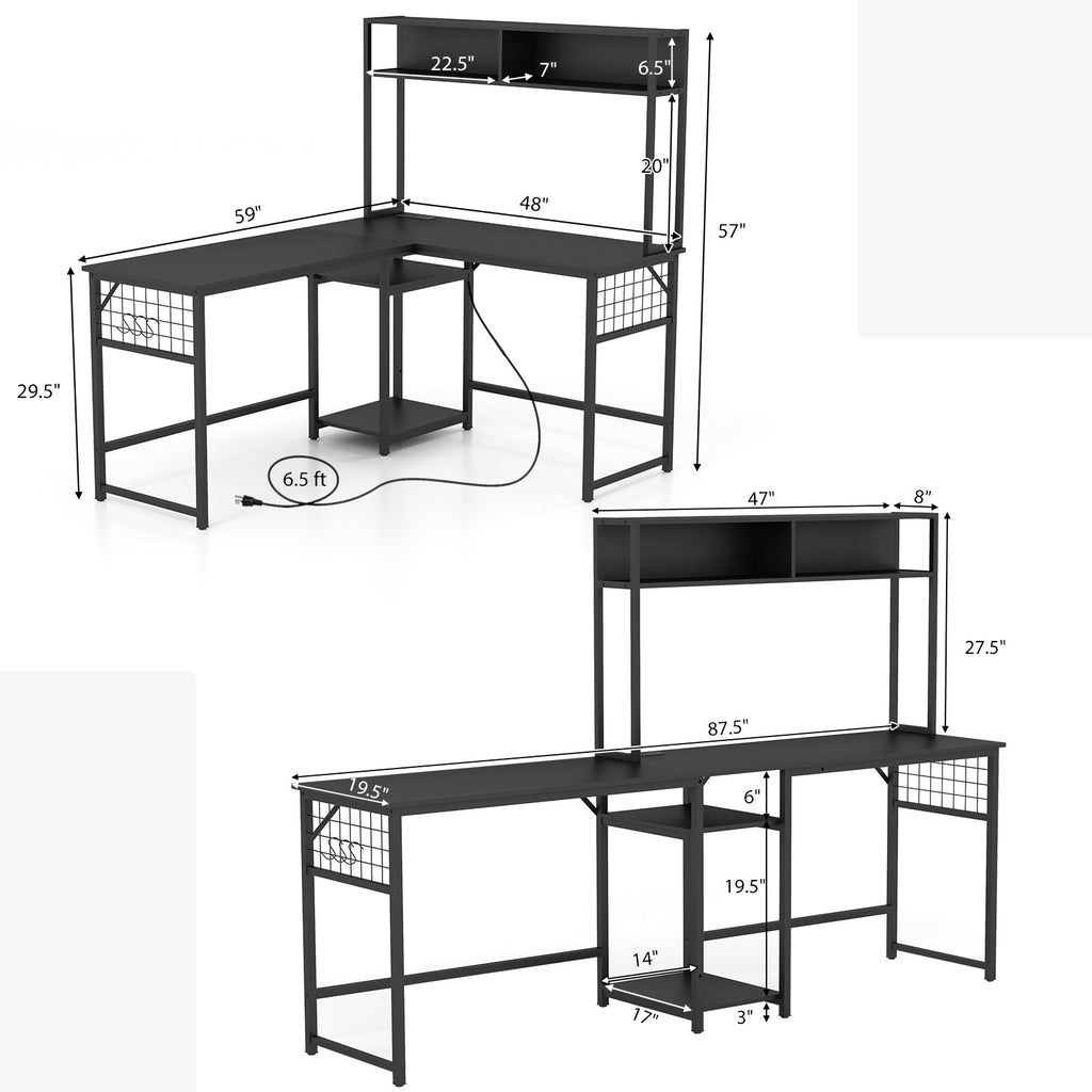 L-shaped Desk with Power Outlet Hutch