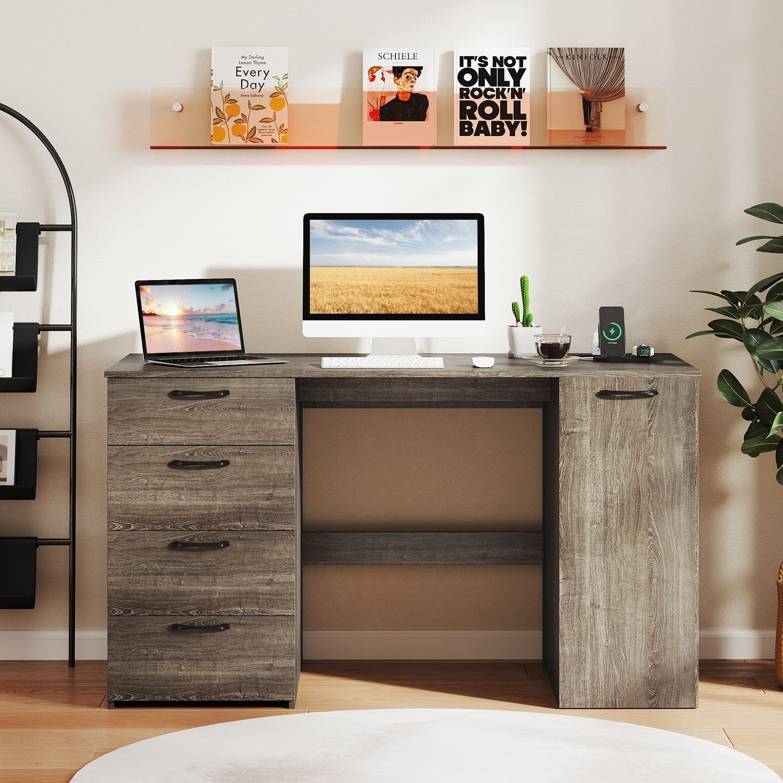53 Inches Computer Desk with Power Outlets and 4 Storage Drawers