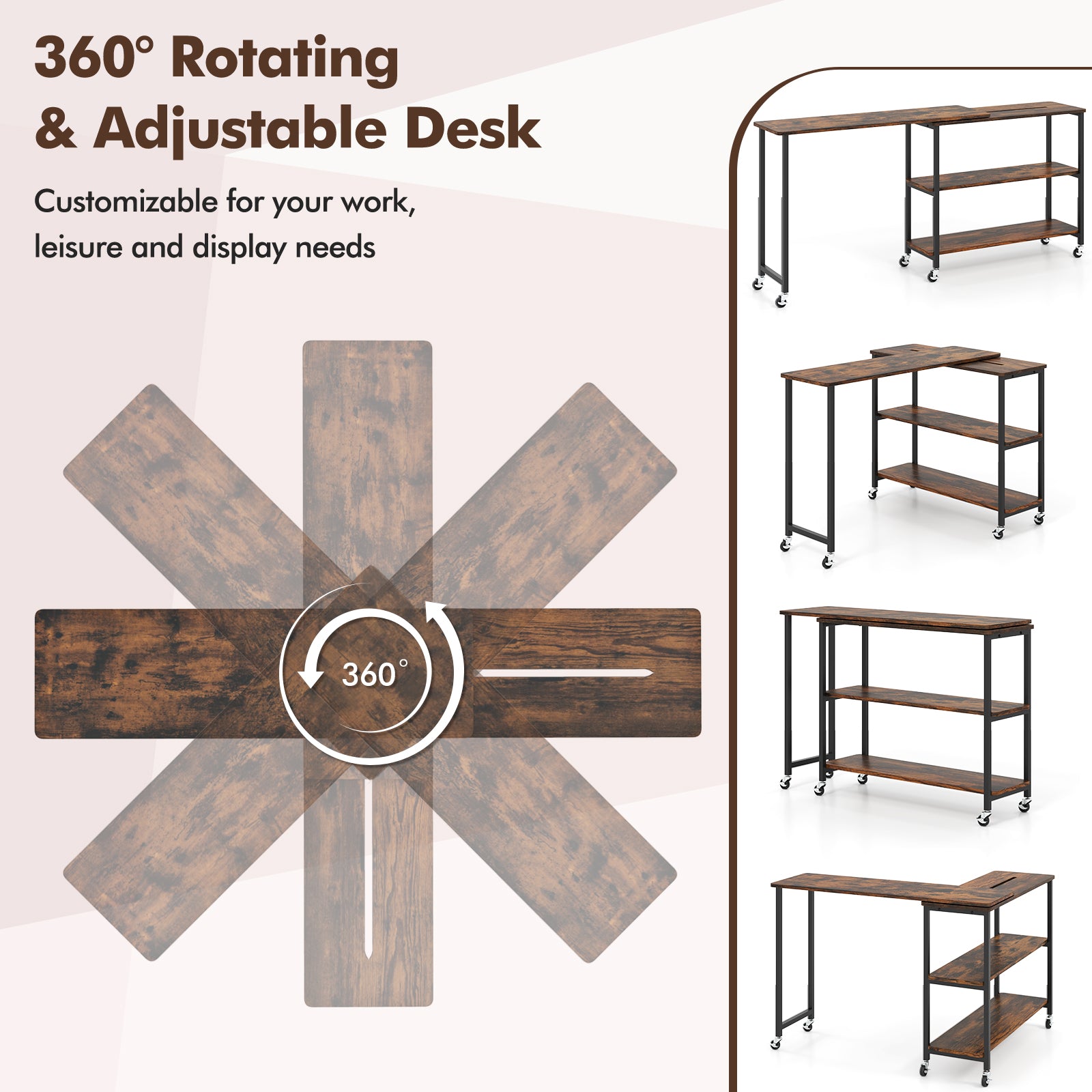Patented Large 360-Degree Free Rotating Sofa Side Table with Wheels and Storage Shelf