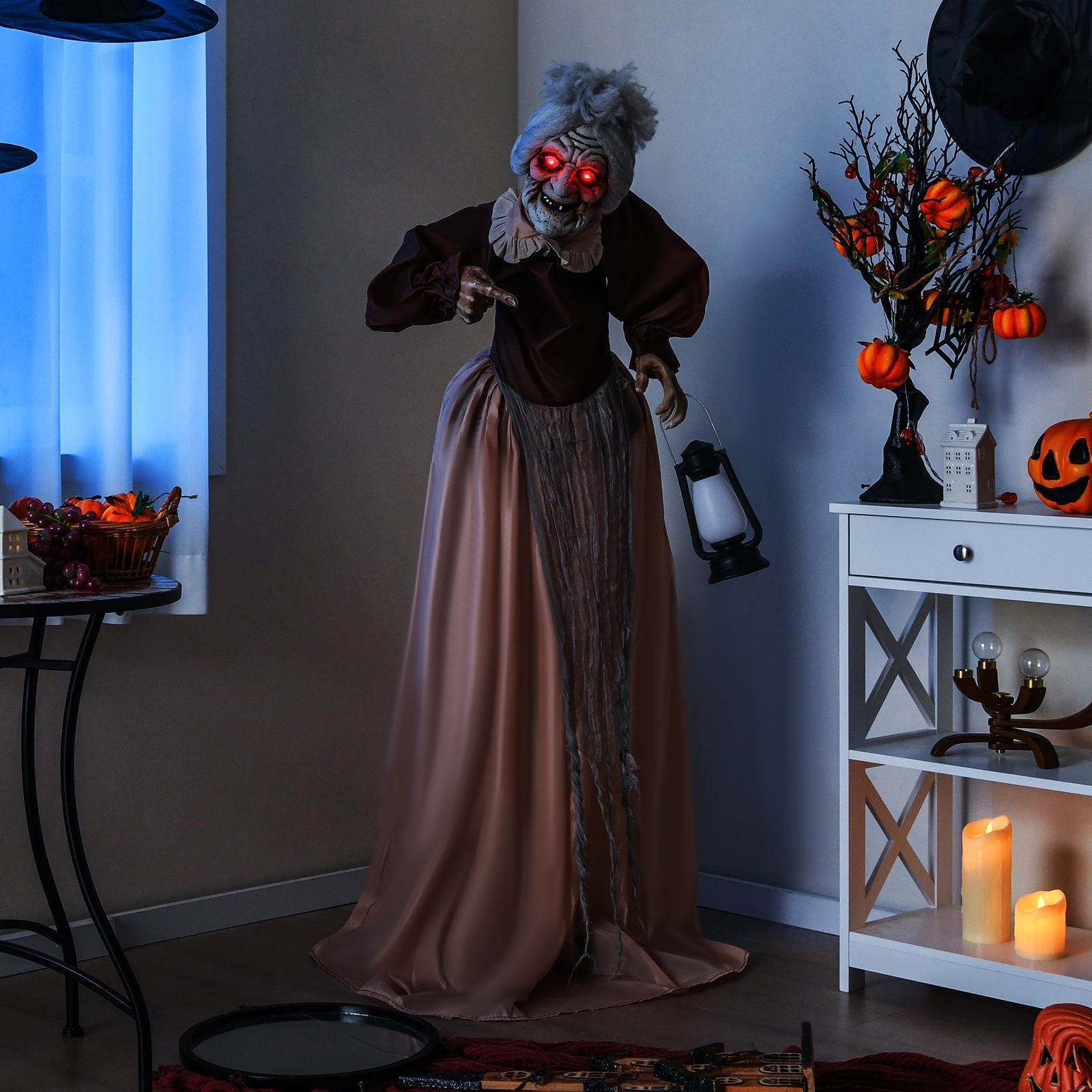 Life-Size Halloween Animatronic Moving and Talking Old Lady Hag Prop