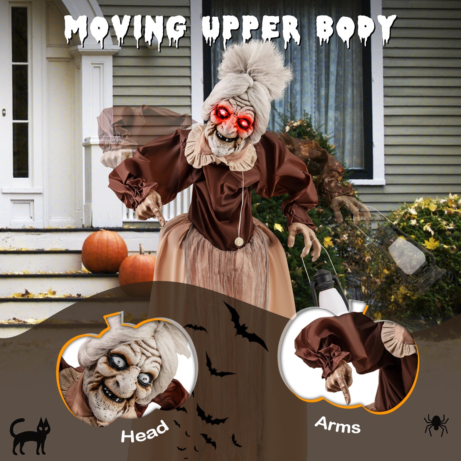Life-Size Halloween Animatronic Moving and Talking Old Lady Hag Prop