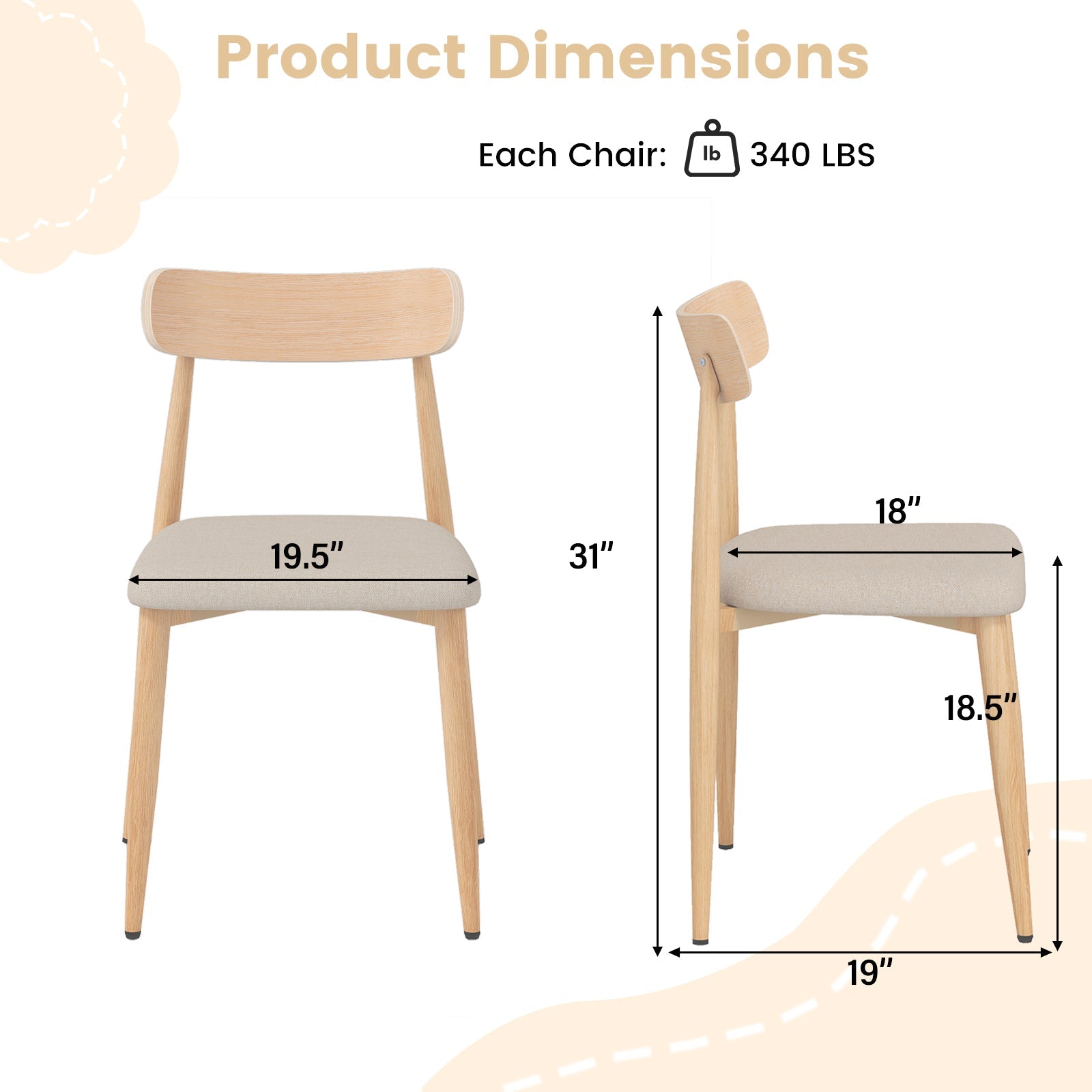 Linen Fabric Upholstered Modern Dining Chair Set of 4 with Padded Seat and Curved Back-Oak