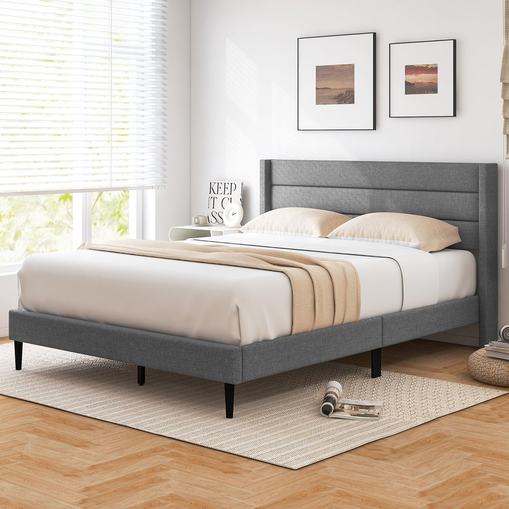 Linen Upholstered Platform Twin/Queen Bed Frame with Wingback Headboard