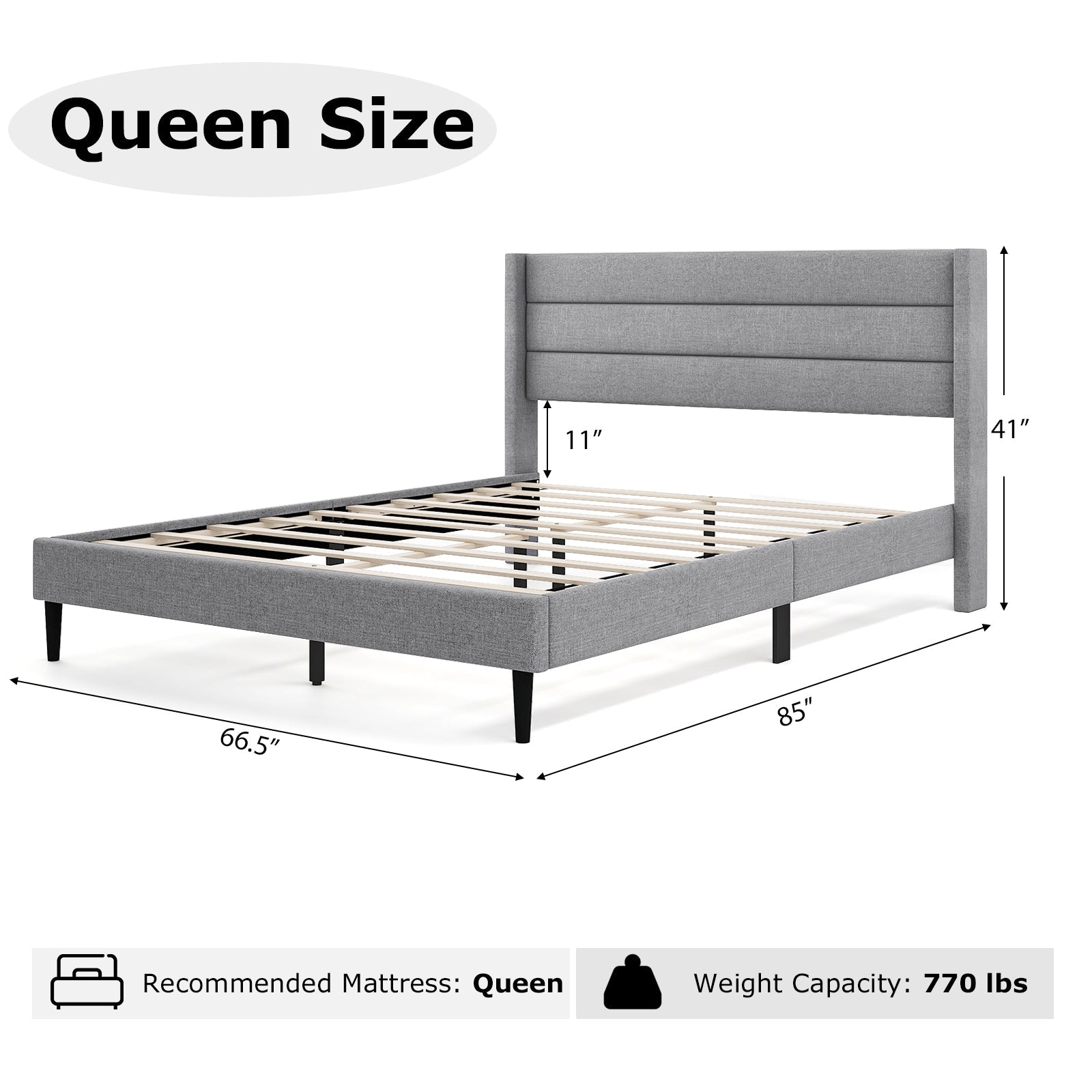 Linen Upholstered Platform Twin/Queen Bed Frame with Wingback Headboard