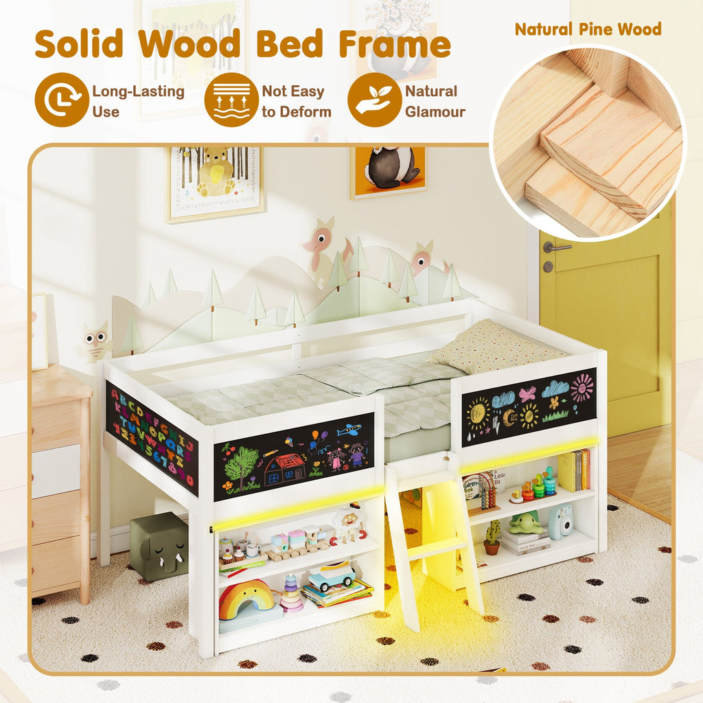 Low Loft Bed with LED Lights Kid's Cabin Bed with Bookcases