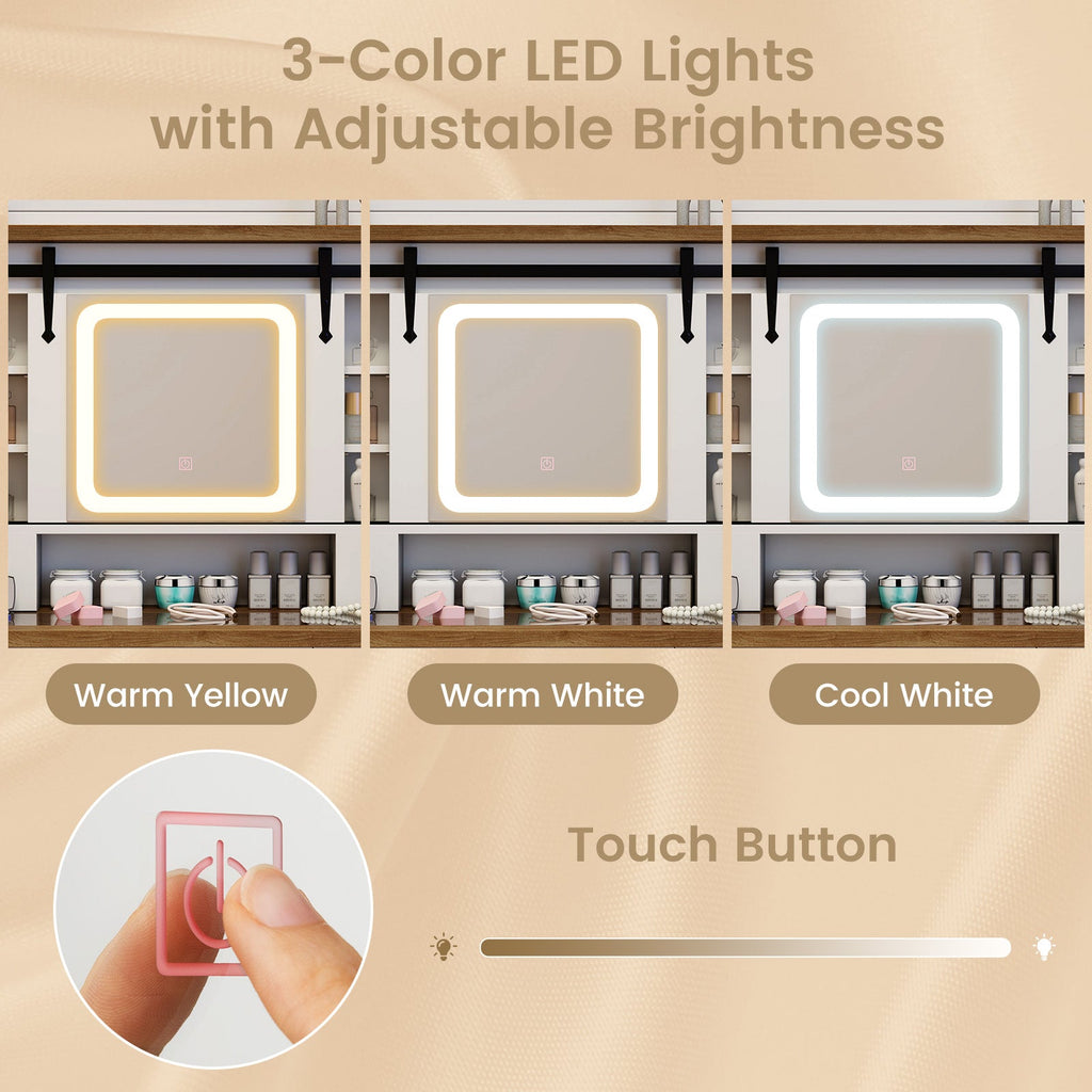 Makeup Vanity Desk with Mirror and 3-Color Dimmable LED Lights-White