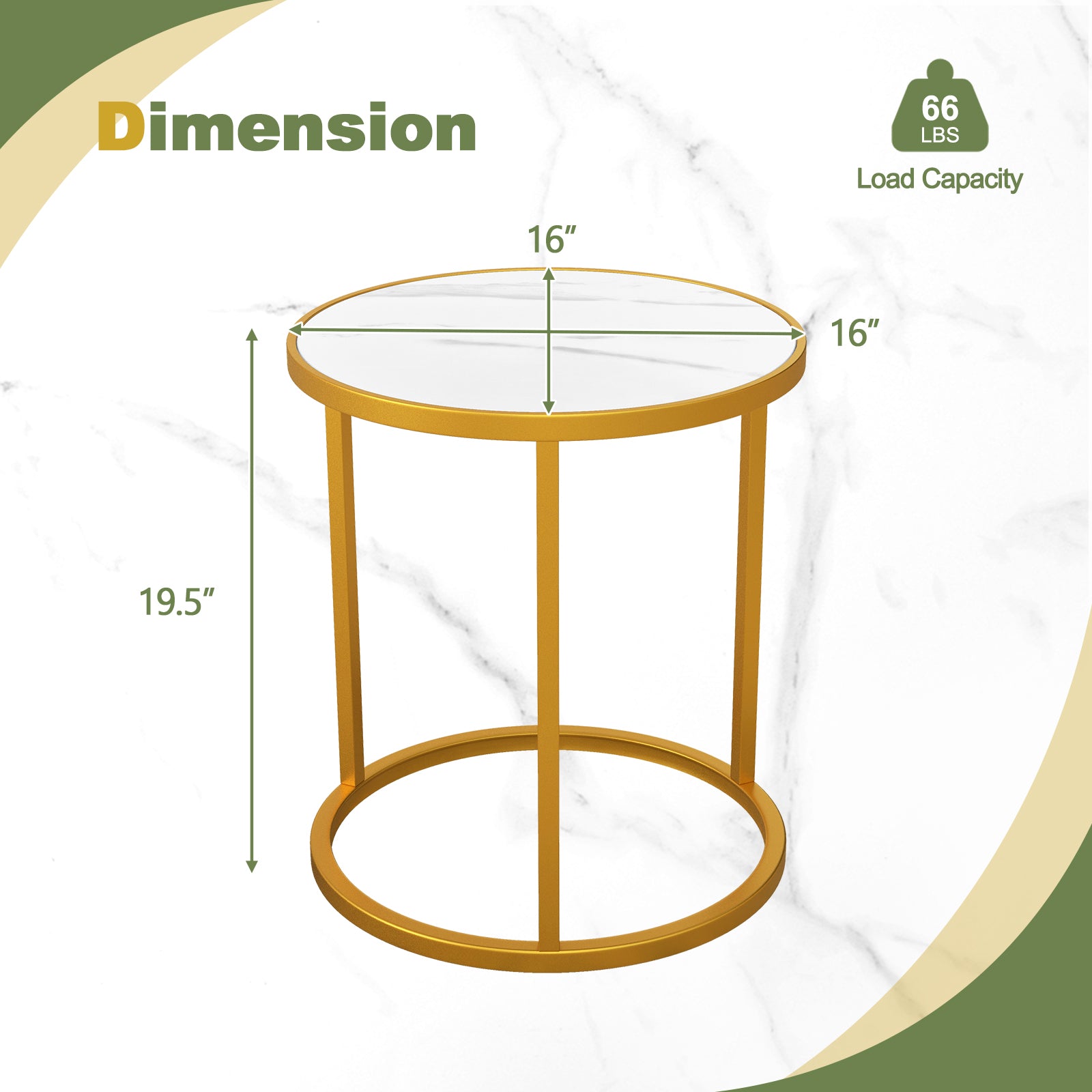 Marble Top Round Side Table 16-Inch End Table with Golden Metal Frame