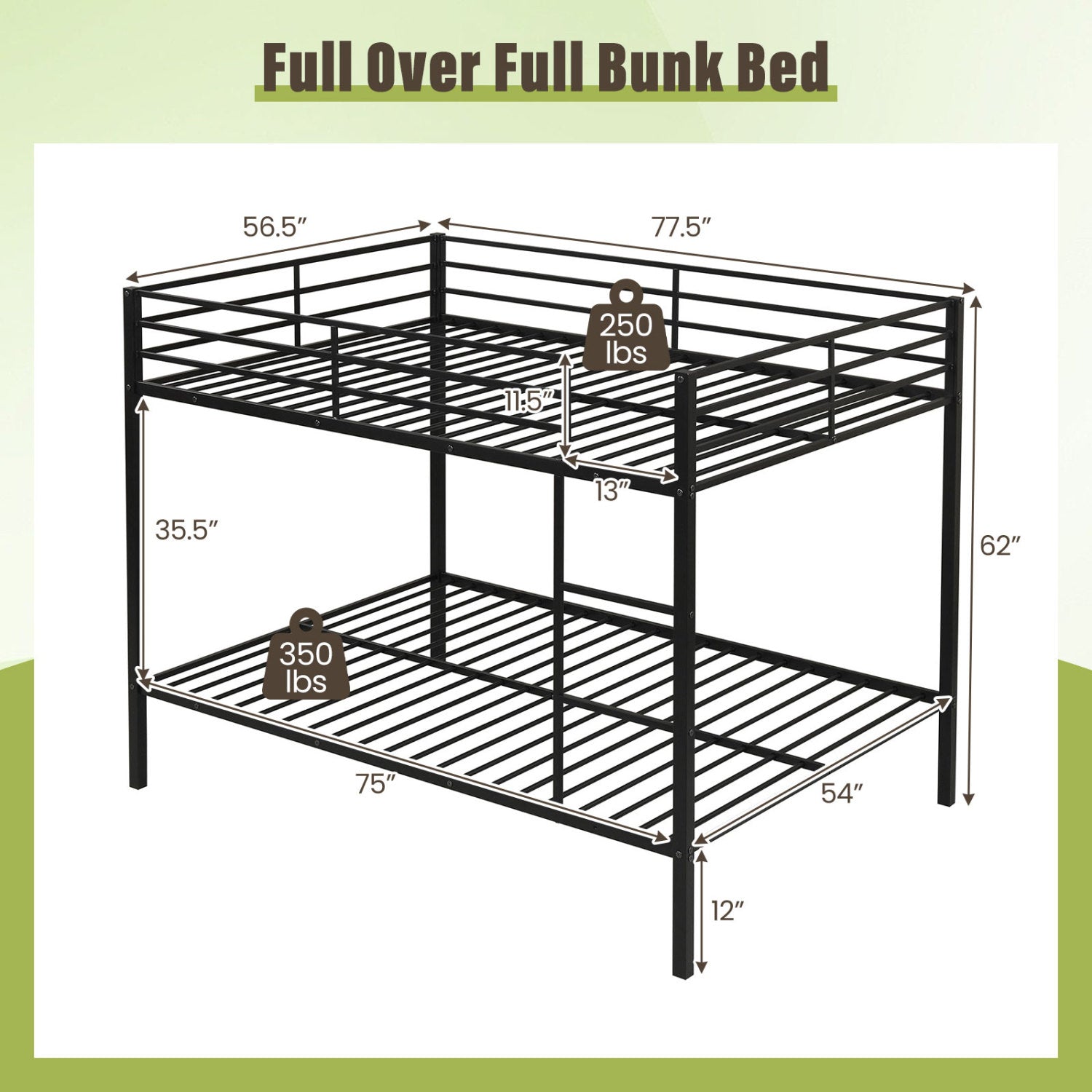 Metal Bunk Bed Full Over Full with Length Safety Guardrail-Black