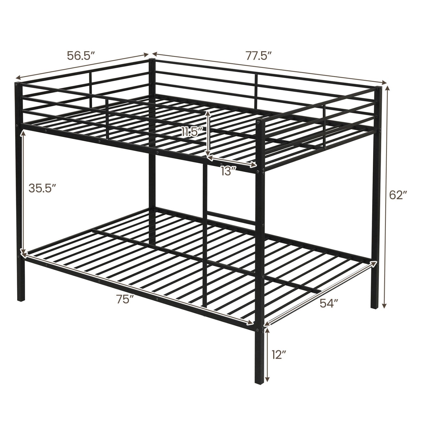 Metal Bunk Bed Full Over Full with Length Safety Guardrail-Black