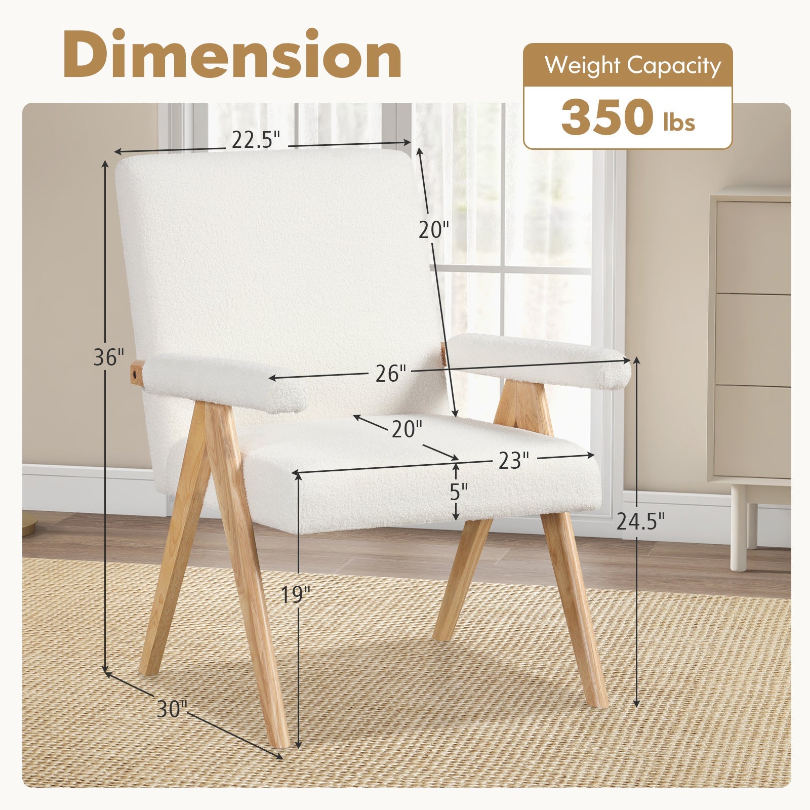 Mid Century Modern Accent Chair with Rubber Wood Frame and Padded Armrests-White
