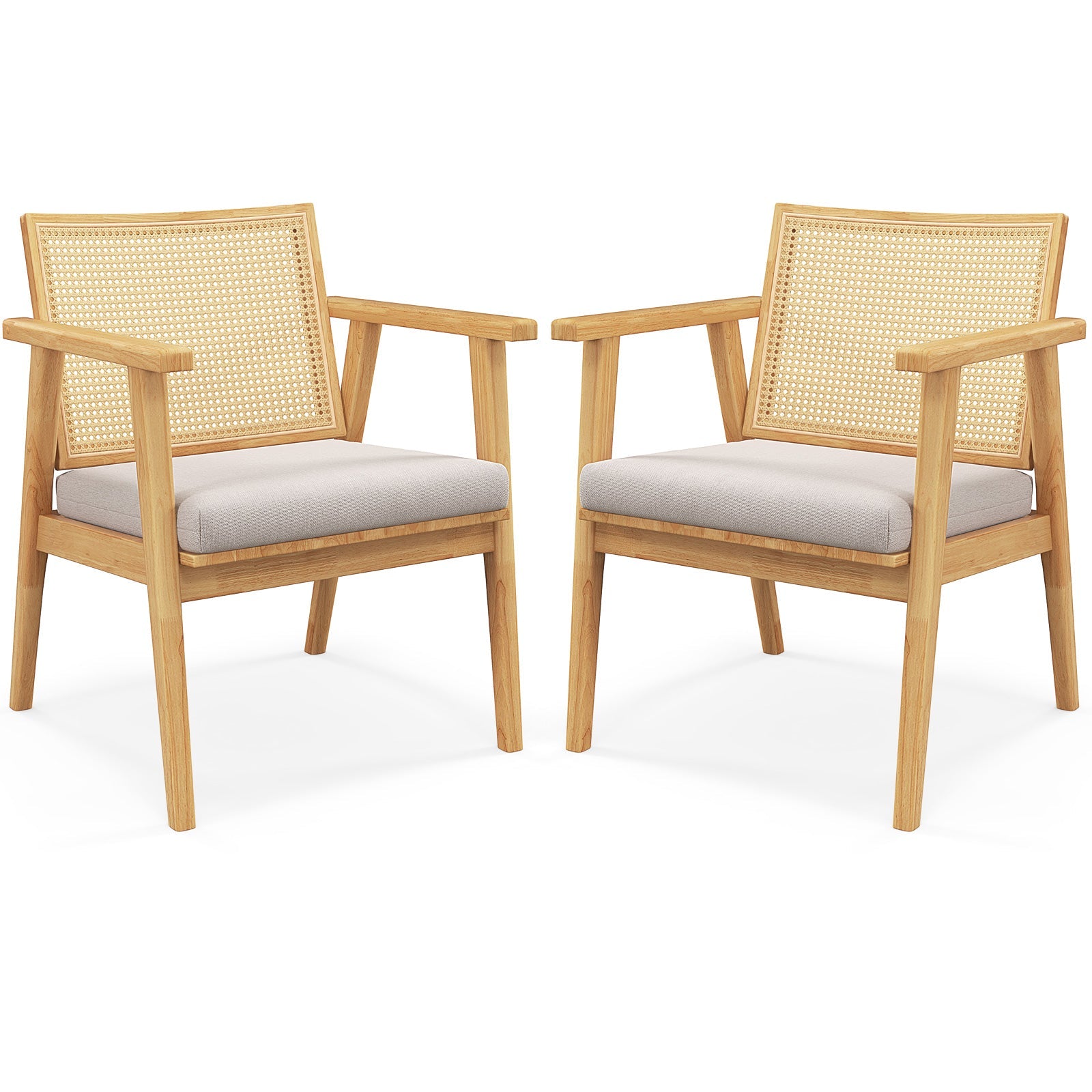 Mid Century Modern Accent Chairs Set of 2 with Breathable Rattan Back-Natural