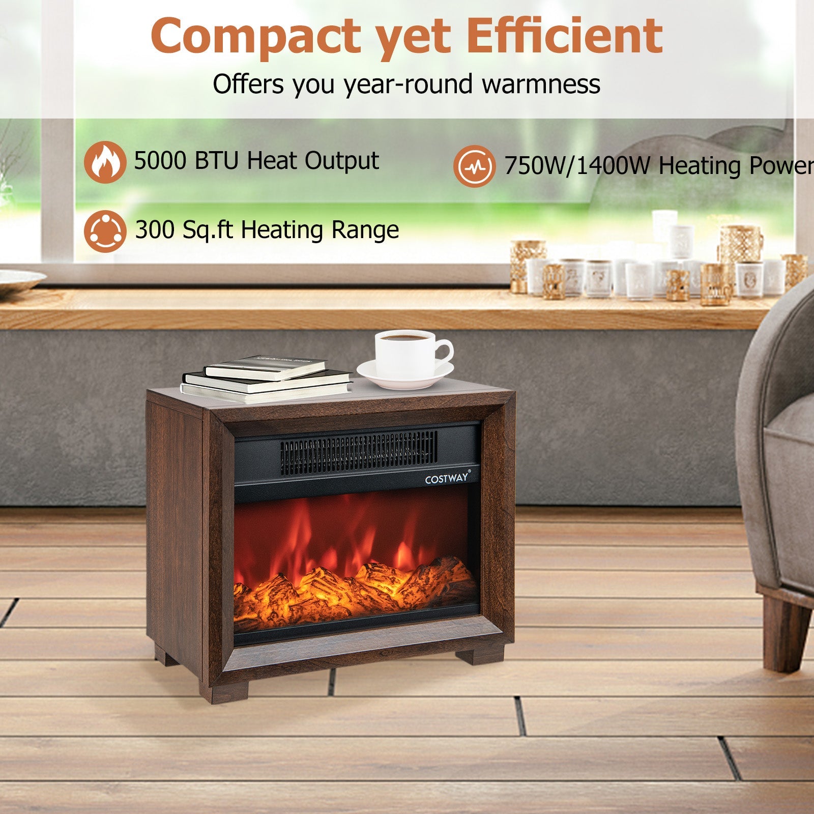 Mini Wooden Space Tabletop Fireplace with Realistic Flame Effect