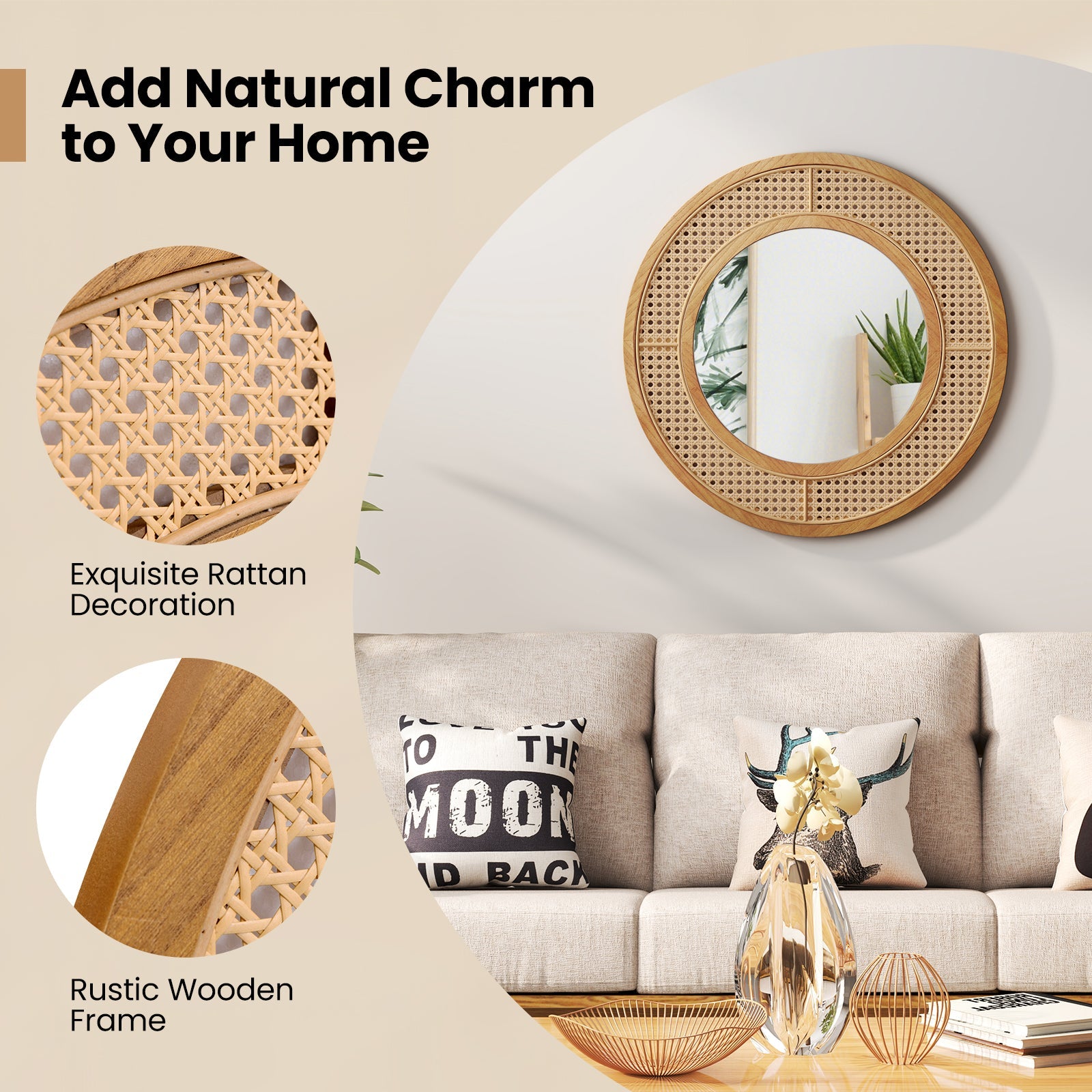 25.5 Inch Bohemian Round Wall Mounted Decorative Mirror with Wooden Frame-Natural
