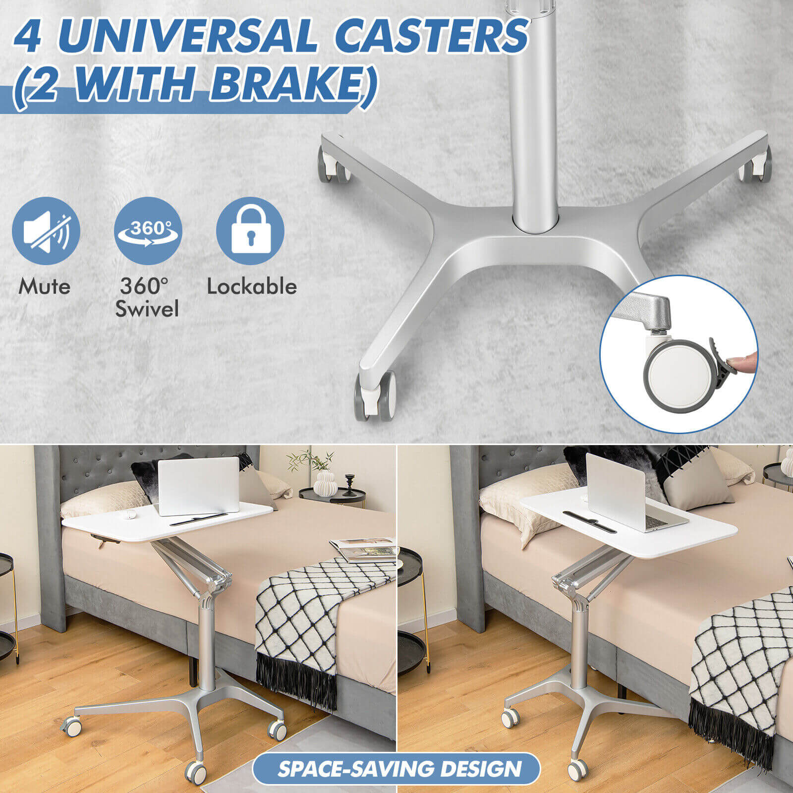 Mobile Standing Laptop Desk with Tablet Holder and 4 Rolling Casters-White