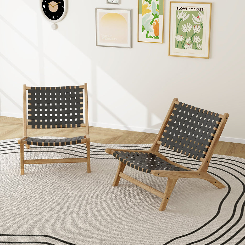 Modern Armless Teak Wood Lounge Chair with Nylon Woven Backrest and Seat