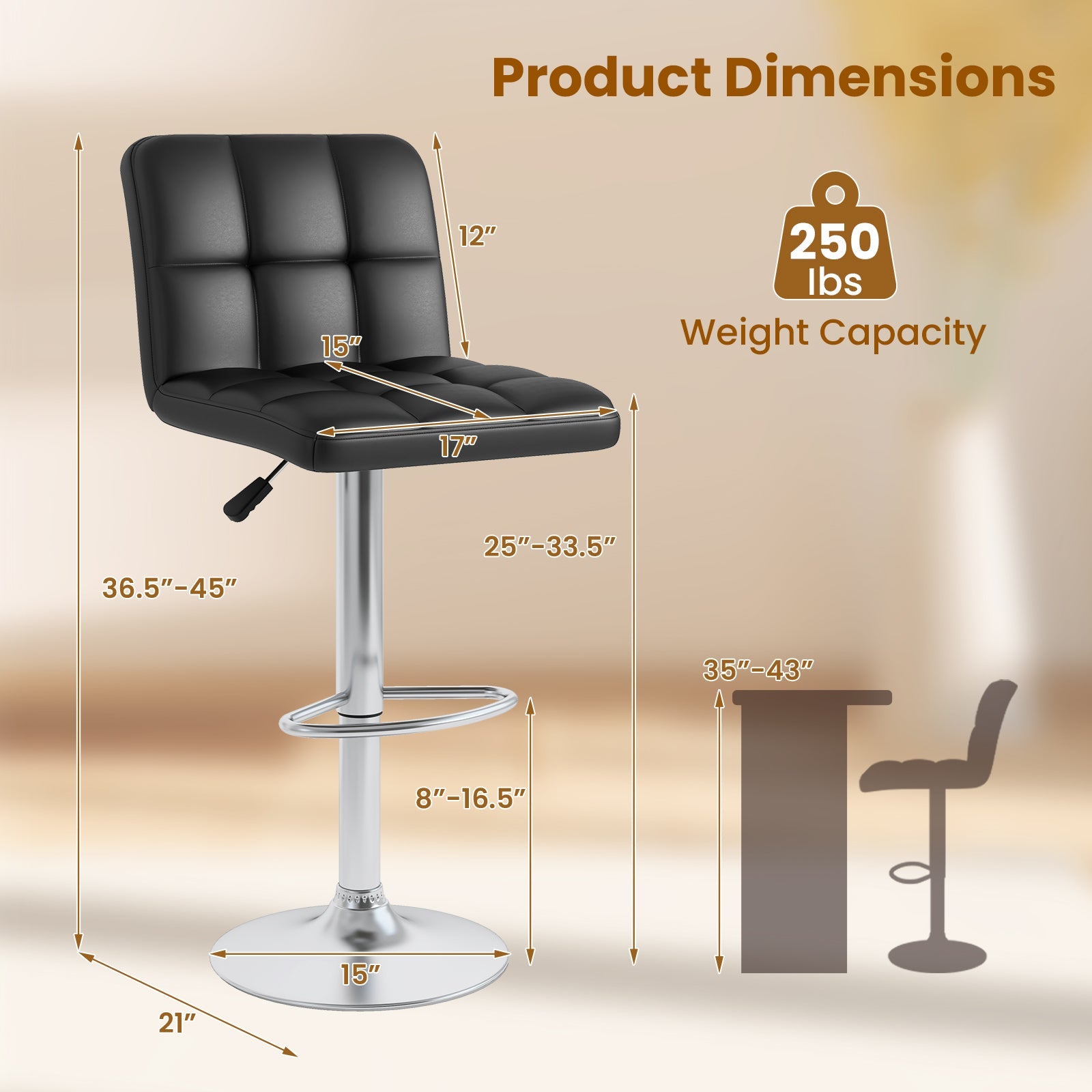Modern Bat Stools Set of 2 with Back and Heavy-duty Metal Base and Footrest