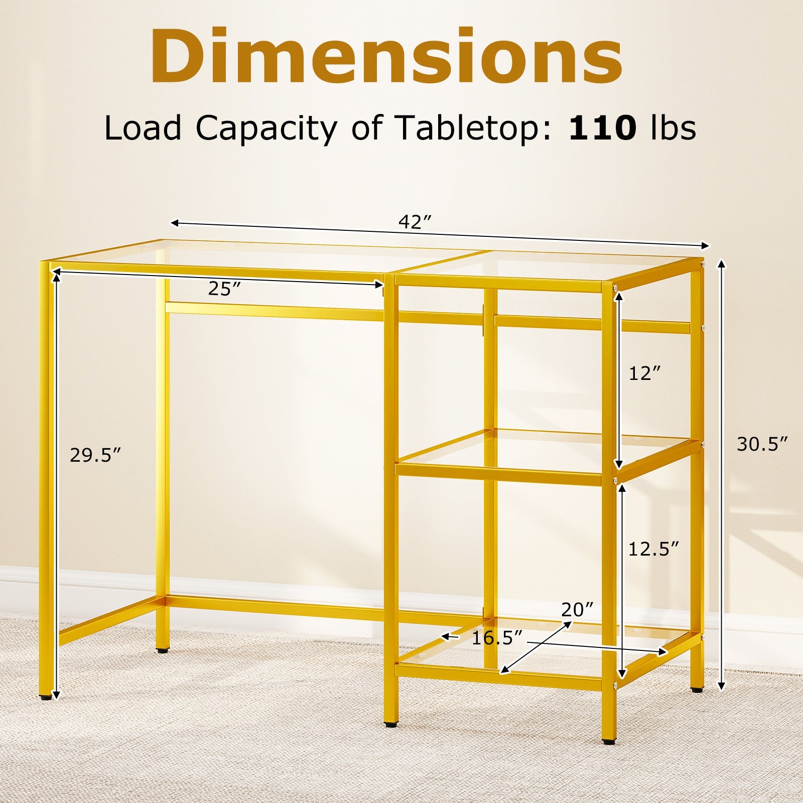 Modern Console Table with 2 Open Shelves and Metal Frame-Golden