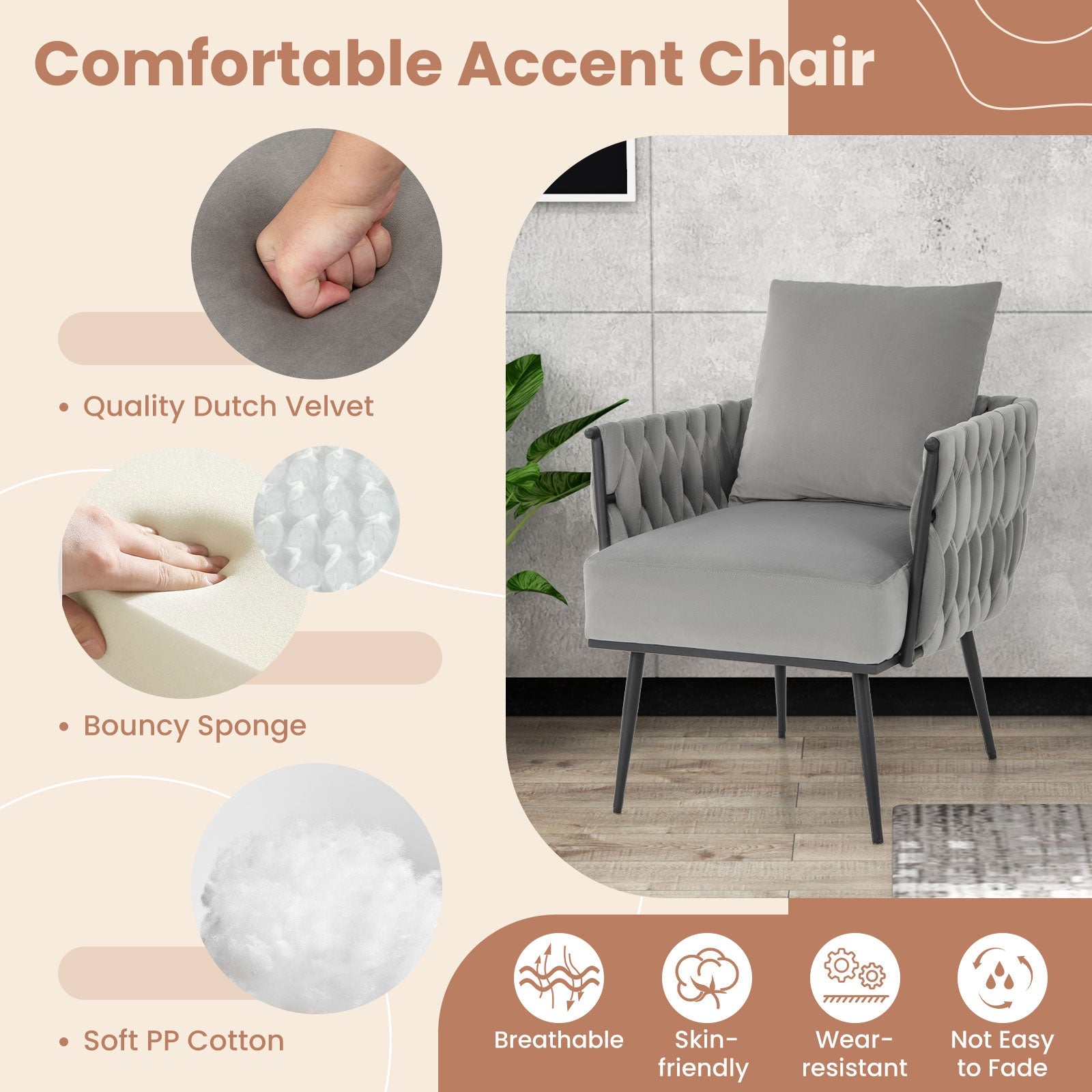 Modern Dutch Velvet Accent Chair and Ottoman Set with Weaved Back and Arms