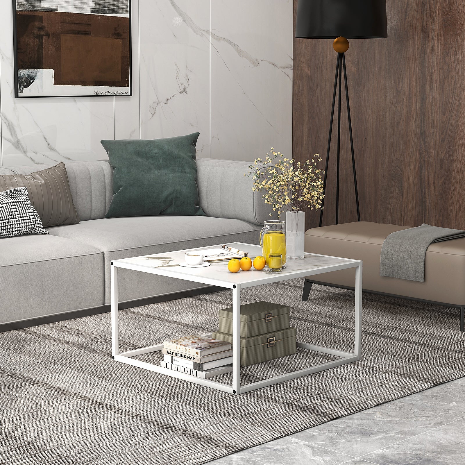 Modern Glass Square Coffee Table with Metal Frame for Living Room