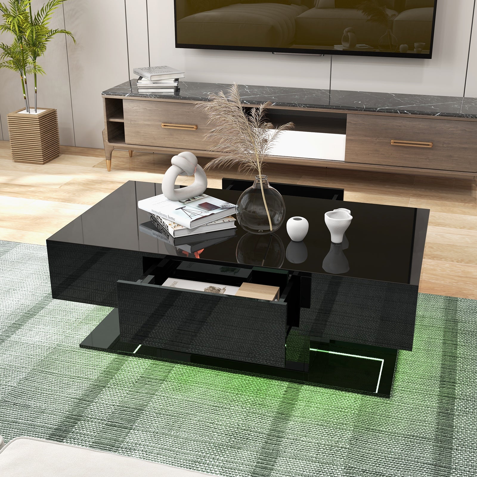 Modern LED Coffee Table with 20 Color LED Lights and 2 Storage Drawers