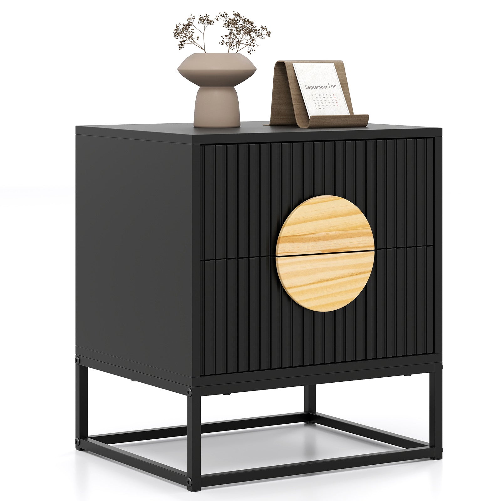 Modern Mid Century Fluted Nightstand with 2 Drawers and Pine Wood Handles for Bedroom
